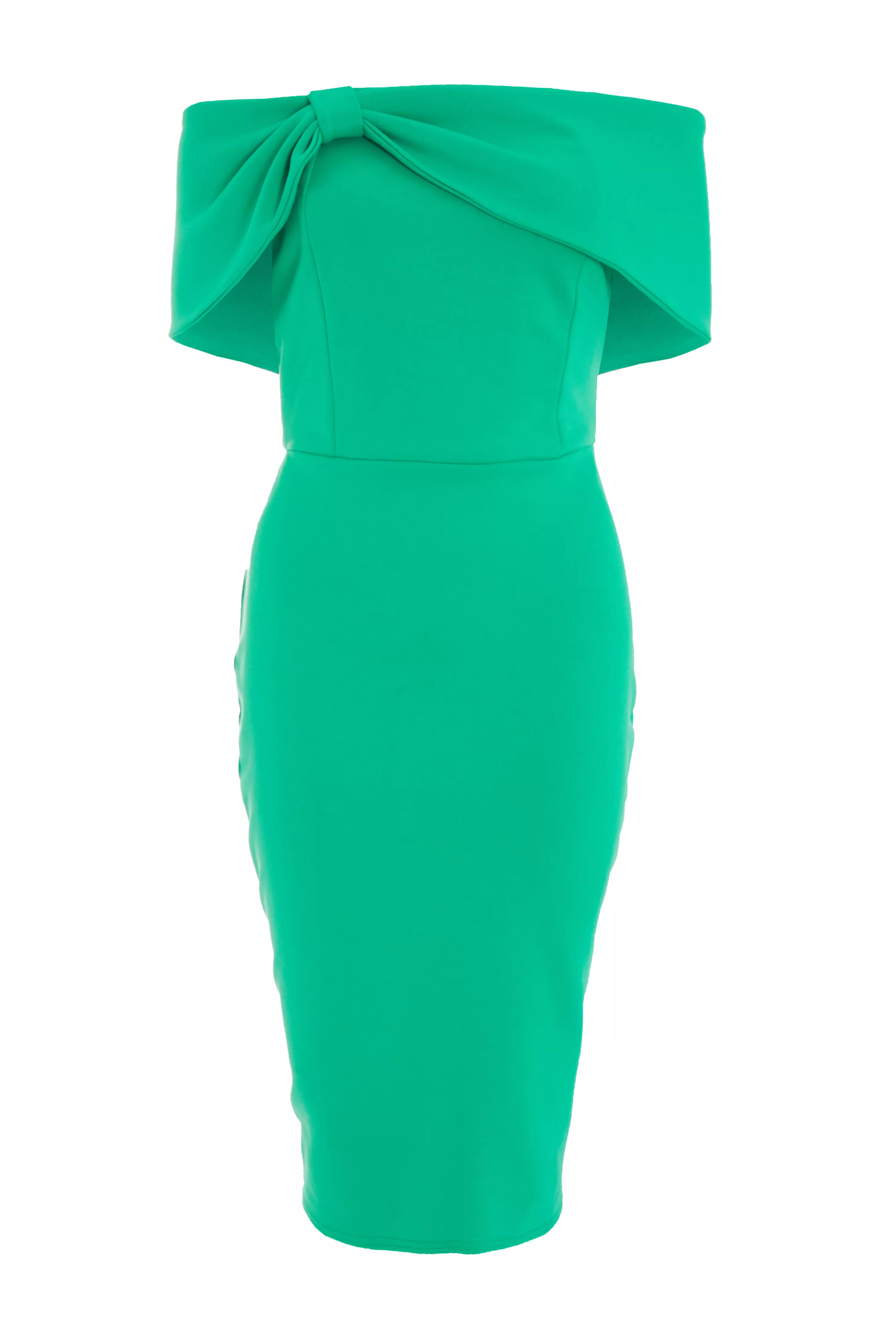 Green Bardot Bow Midi Dress