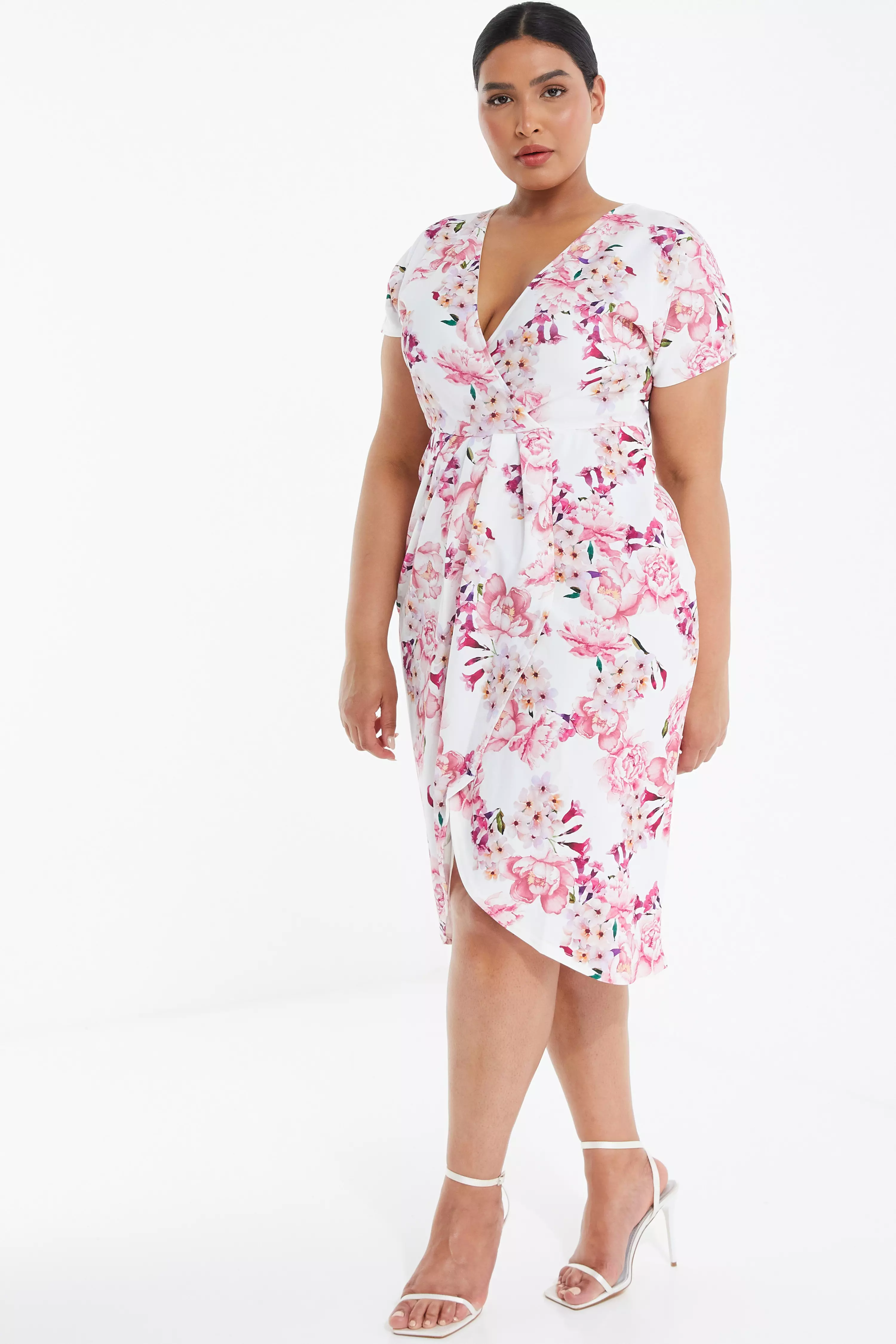 Curve Cream Floral Wrap Midi Dress