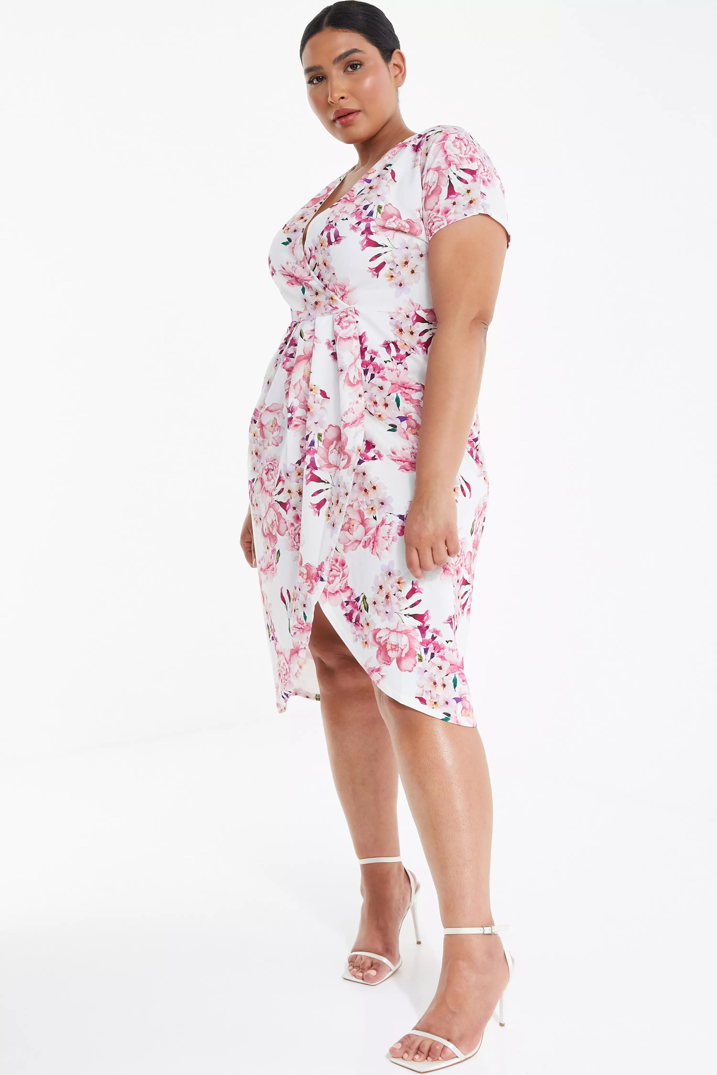 Curve Cream Floral Wrap Midi Dress