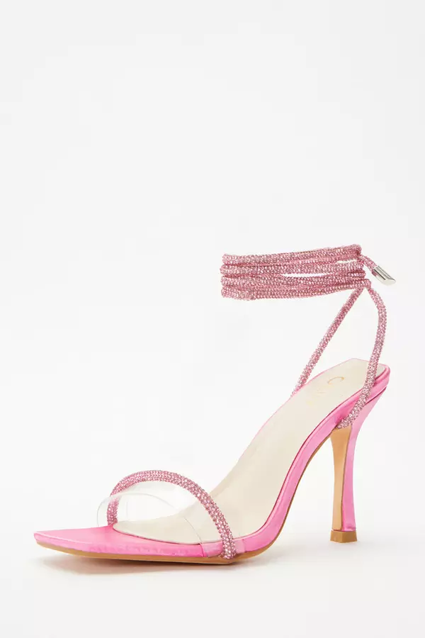 Pink Satin Clear Ankle Tie Heeled Sandals