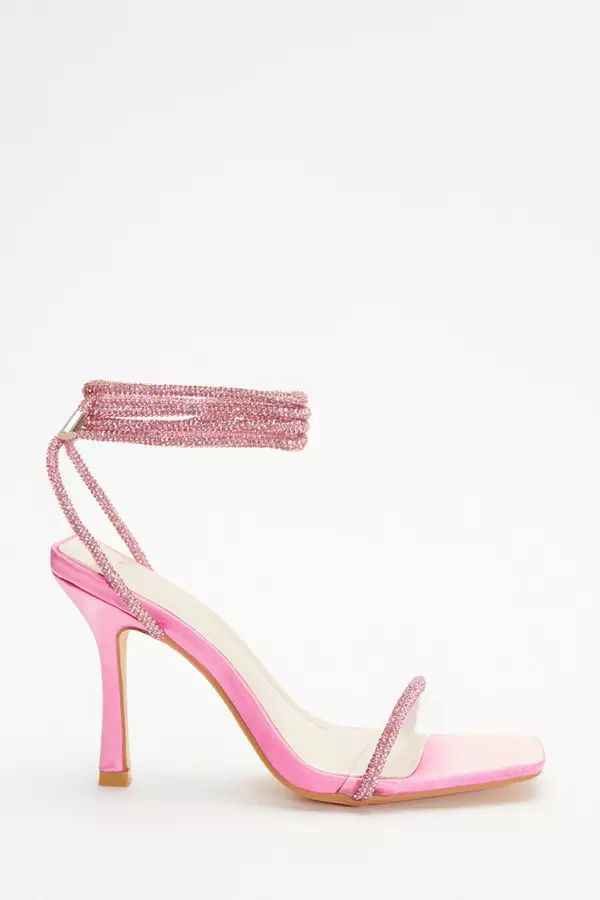 Pink Satin Clear Ankle Tie Heeled Sandals
