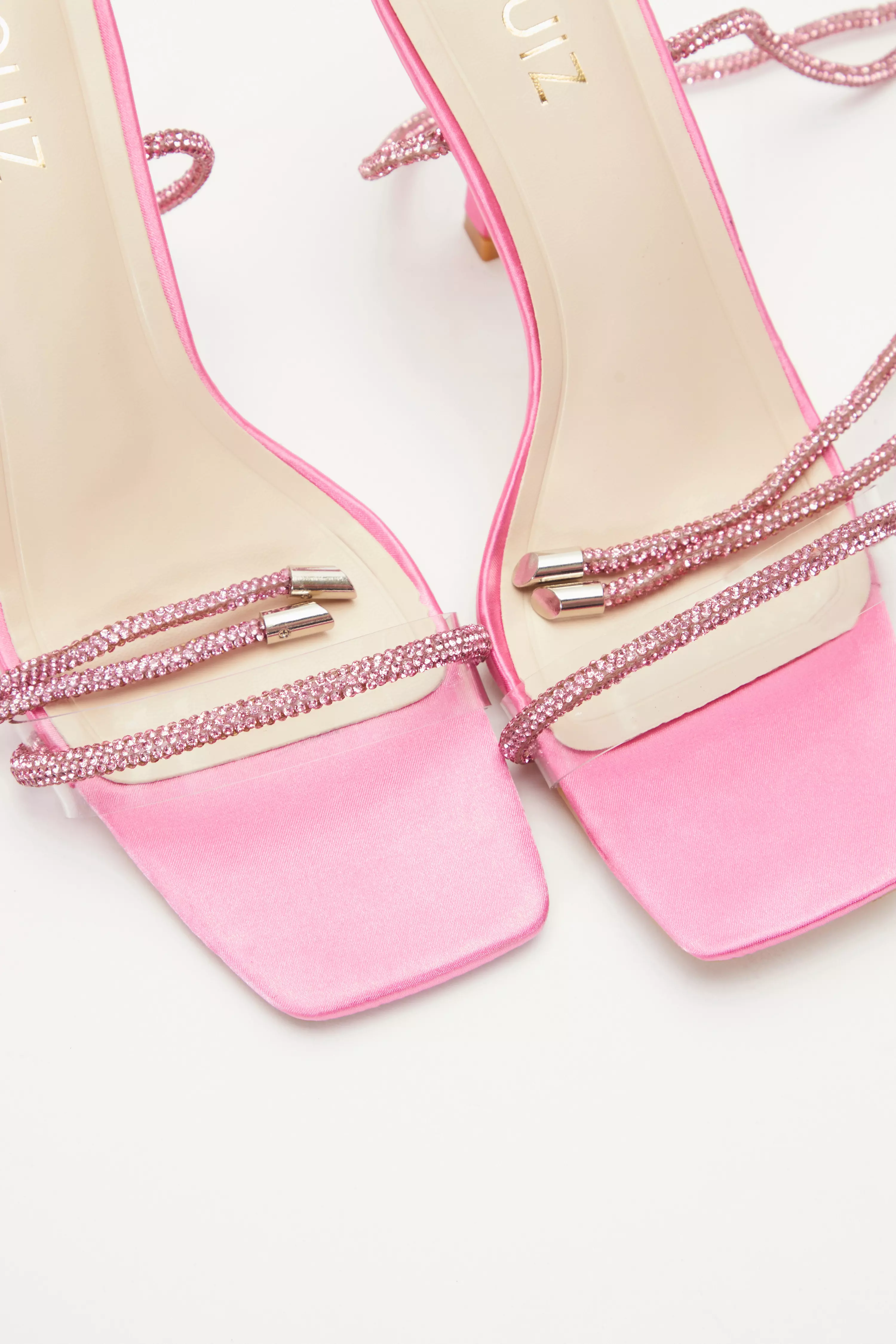 Pink Satin Clear Ankle Tie Heeled Sandals