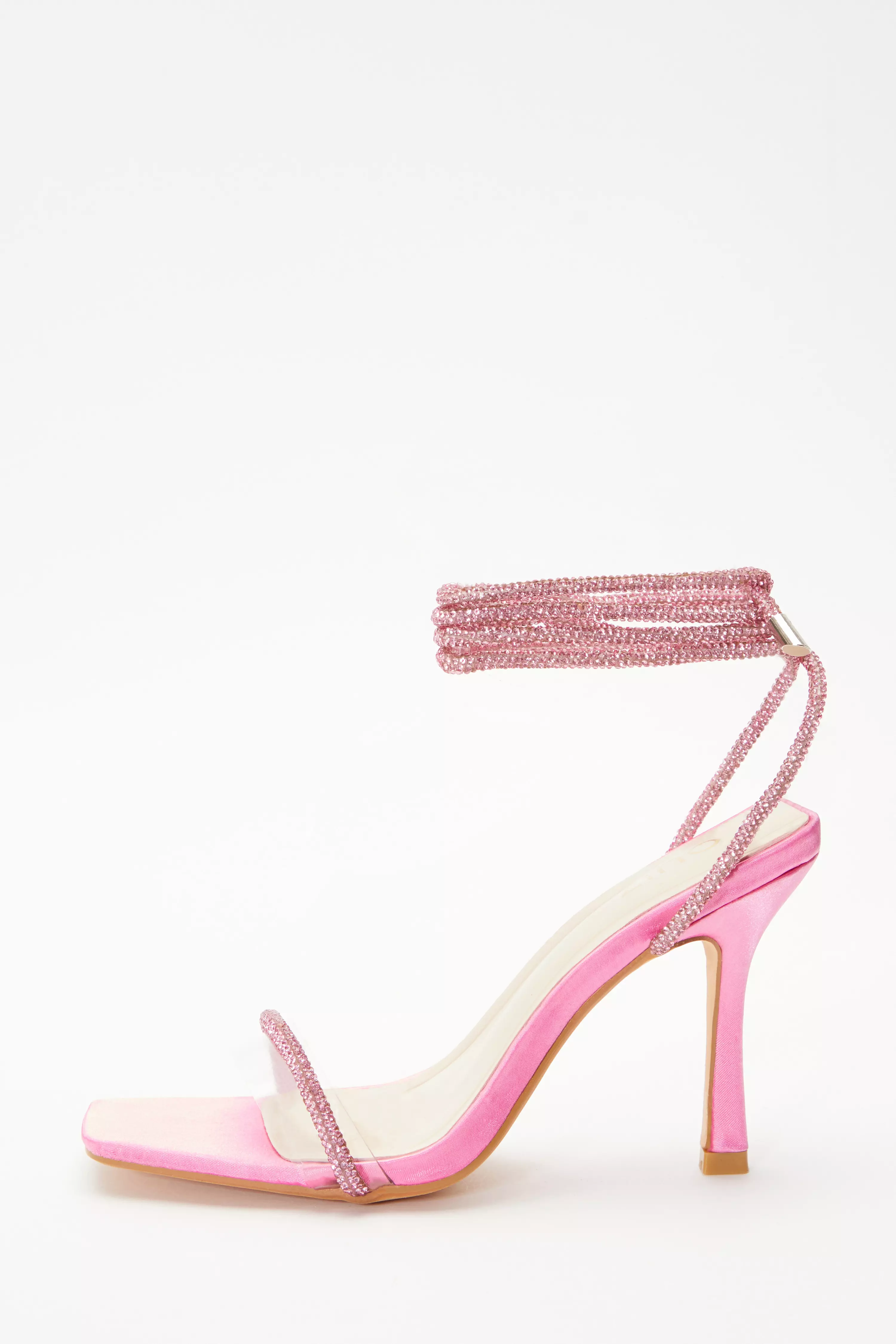 Pink Satin Clear Ankle Tie Heeled Sandals