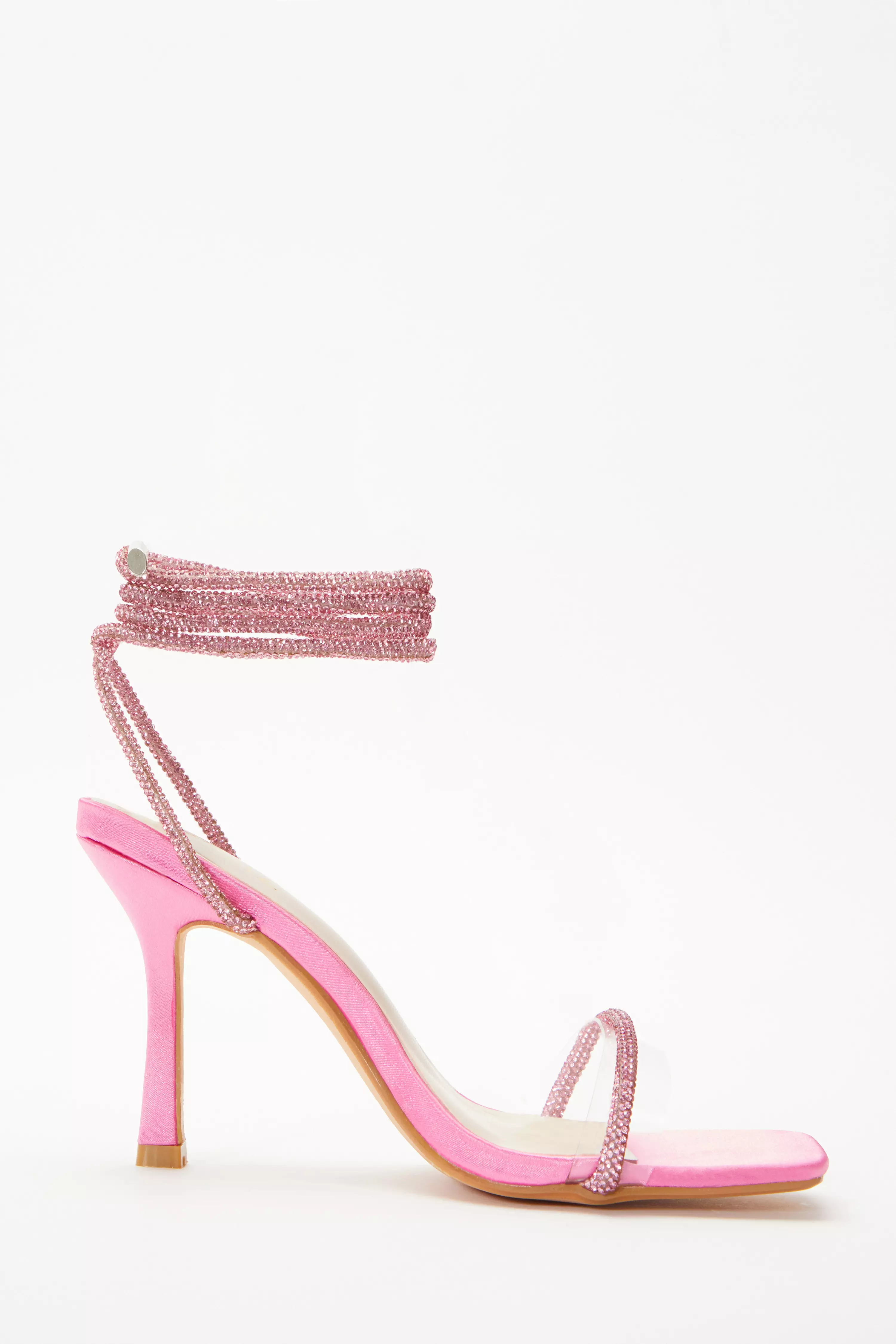 Pink Satin Clear Ankle Tie Heeled Sandals