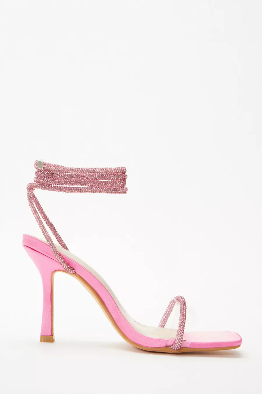 Pink Satin Clear Ankle Tie Heeled Sandals QUIZ Clothing