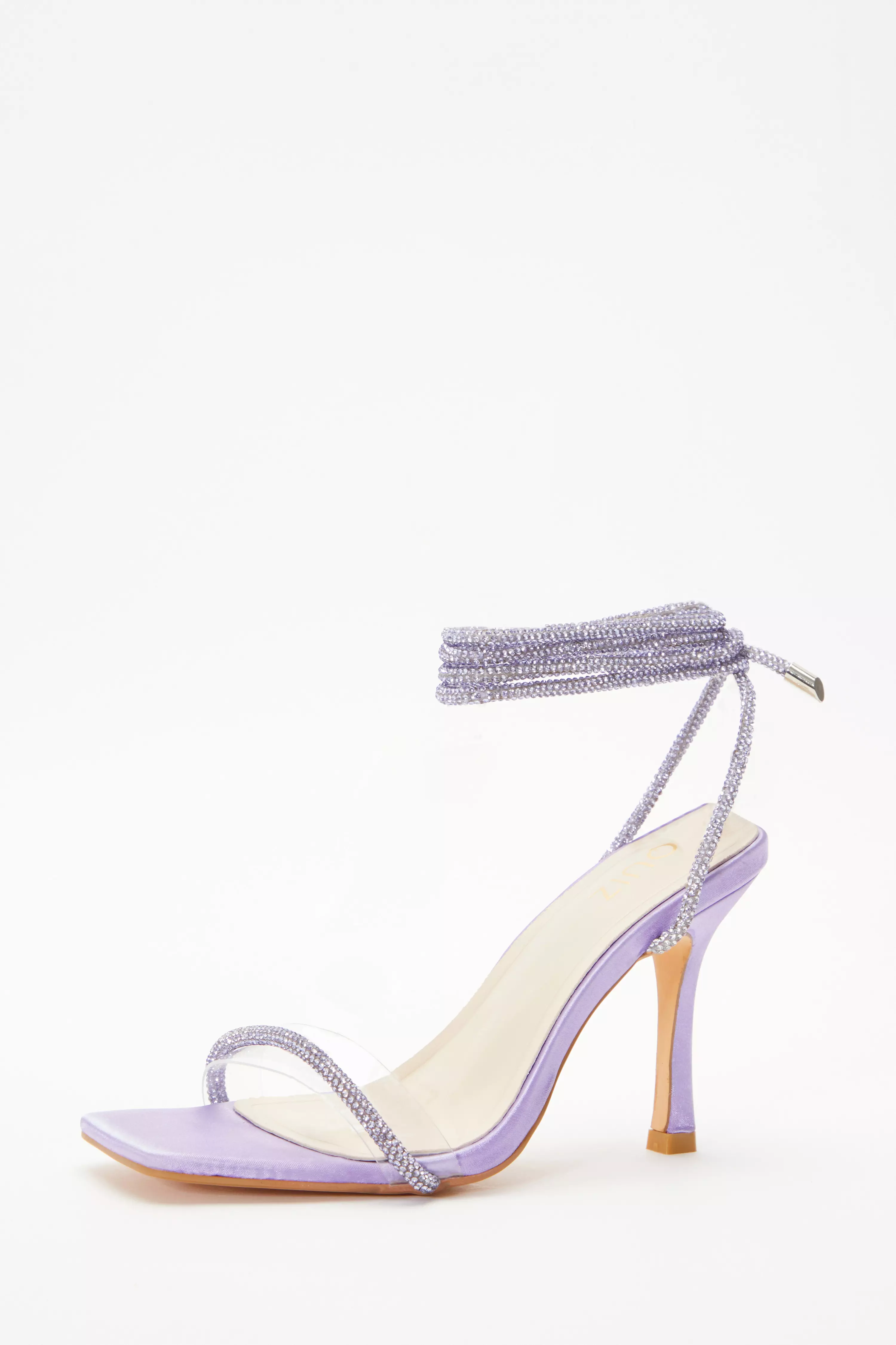 Lilac Satin Clear Ankle Tie Heeled Sandals