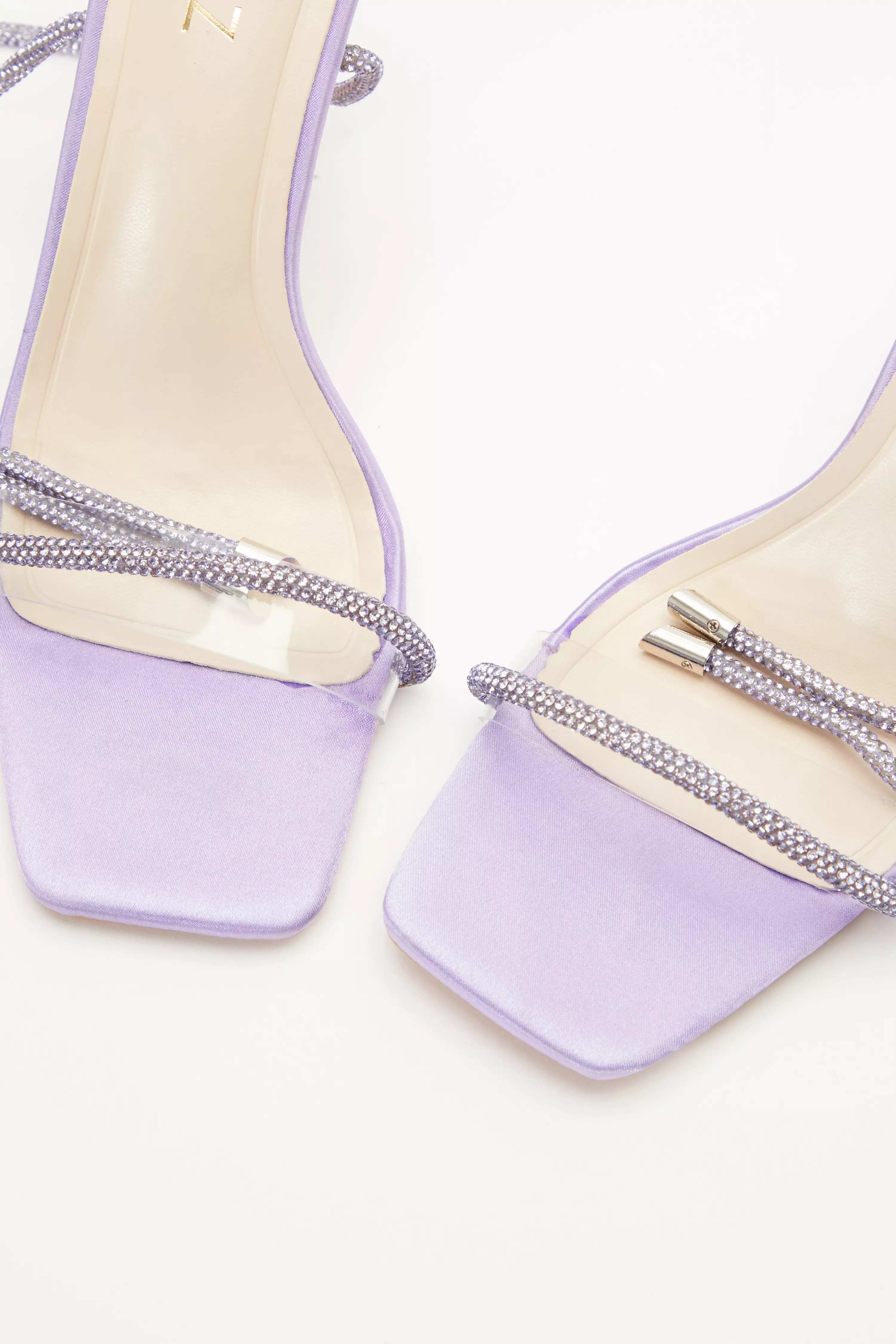 Lilac Satin Clear Ankle Tie Heeled Sandals