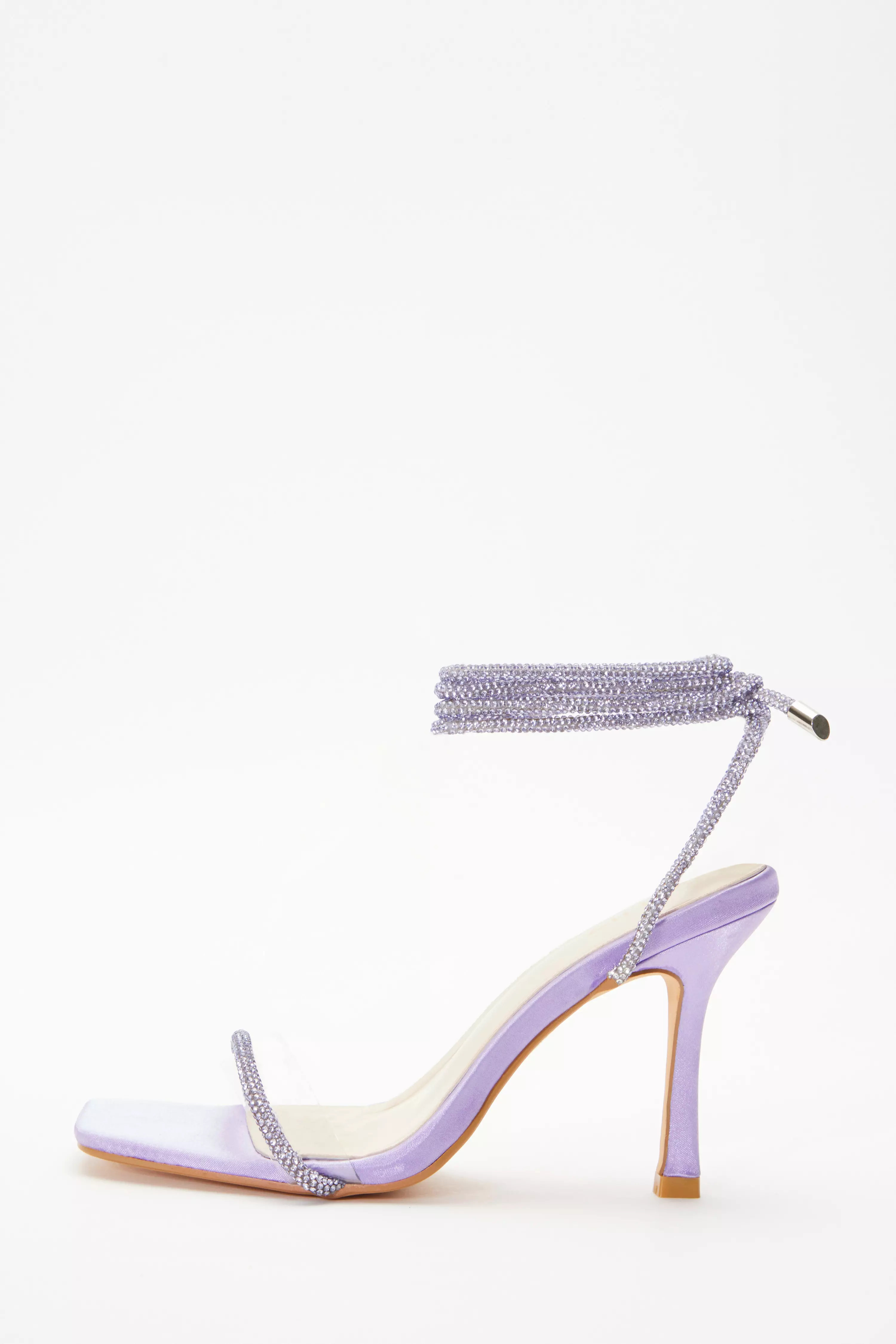 Lilac Satin Clear Ankle Tie Heeled Sandals