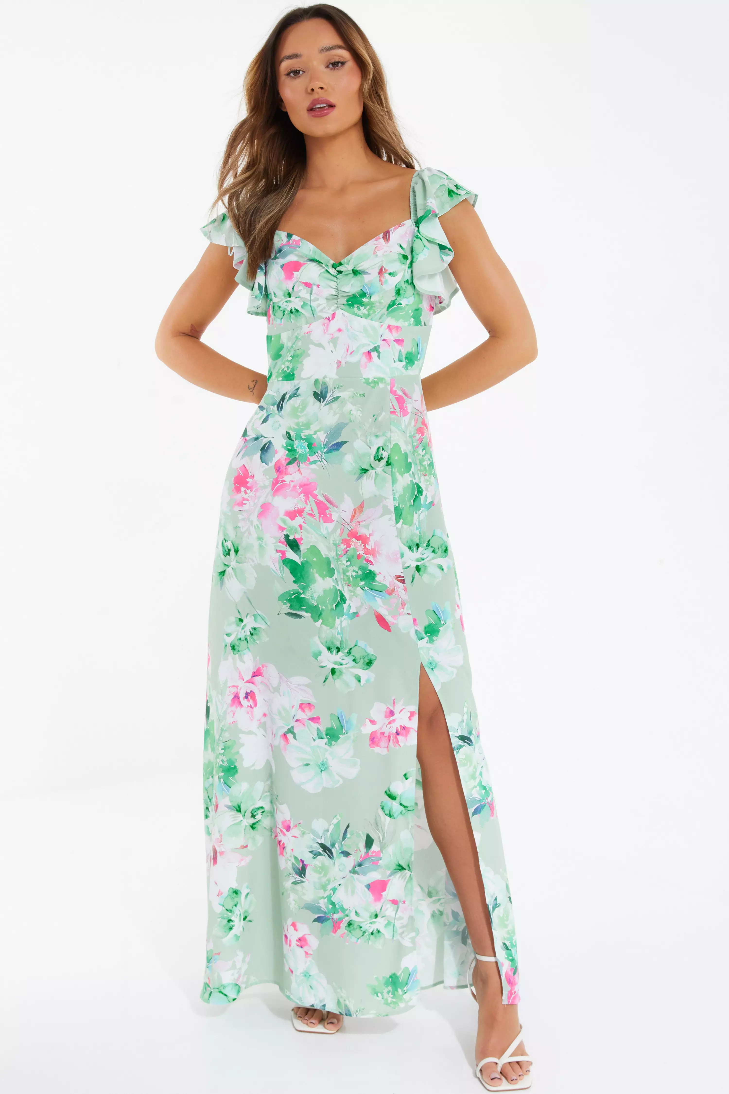 Sage Floral Split Maxi Dress