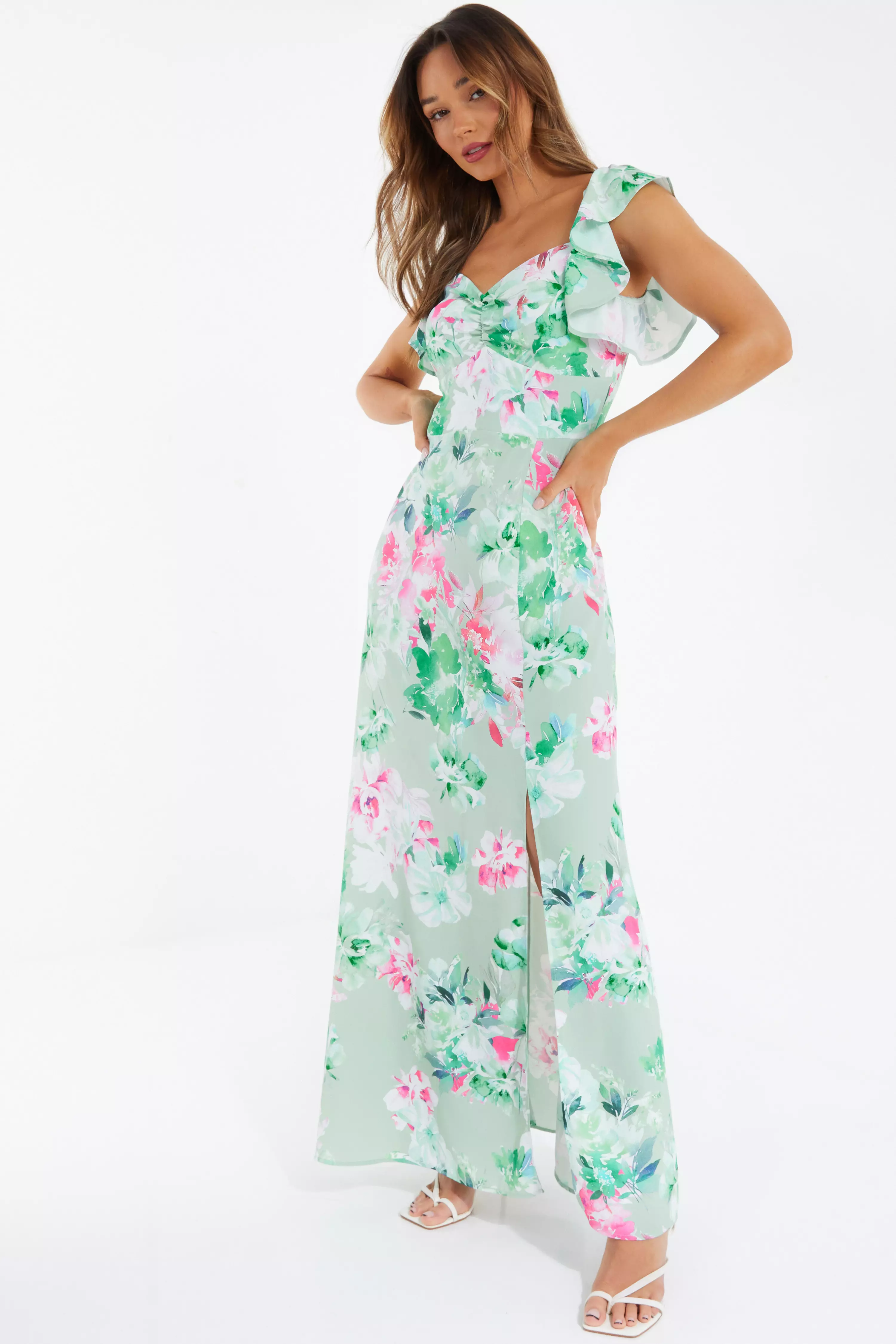 Sage Floral Split Maxi Dress