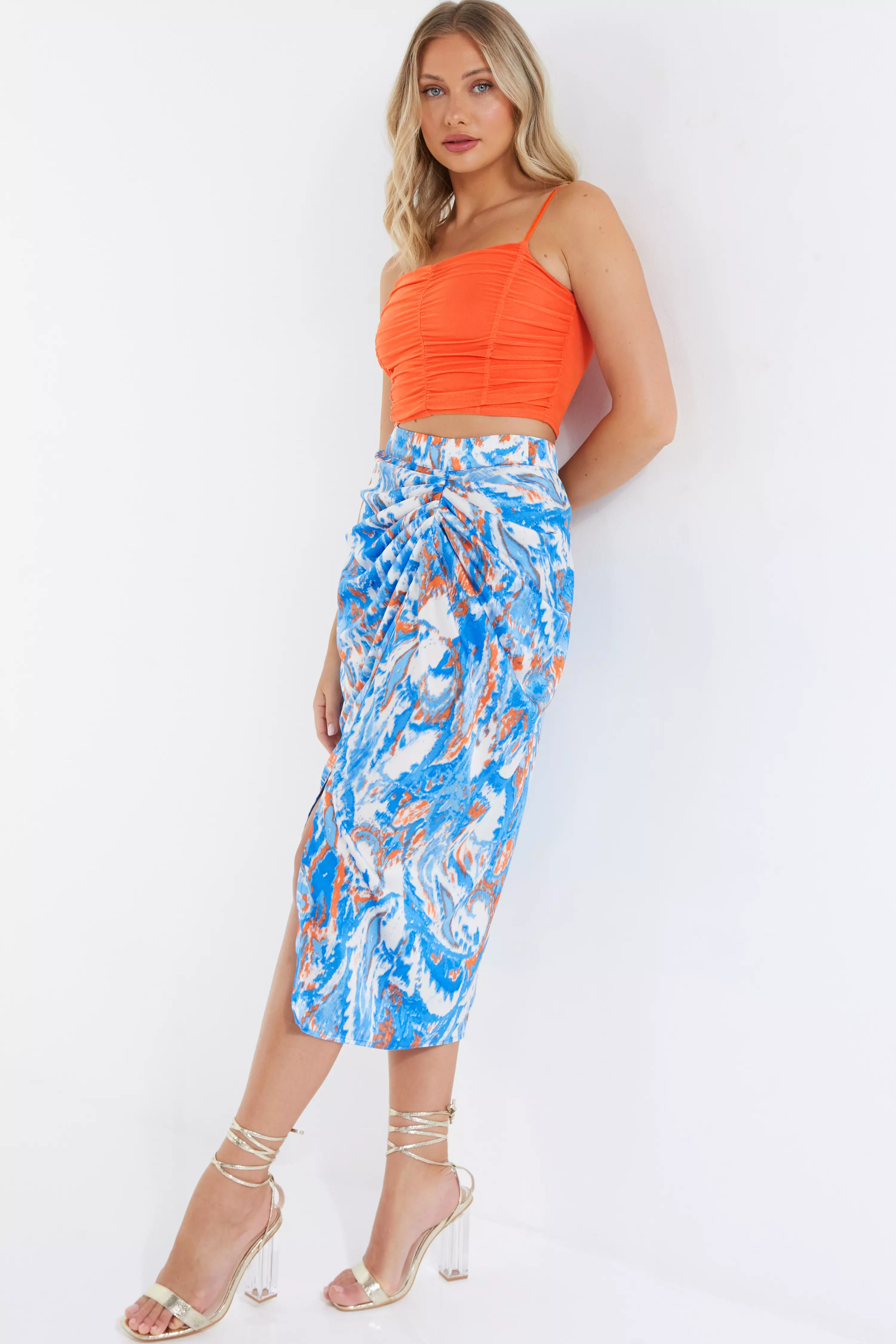 Orange Mesh Ruched Crop Top