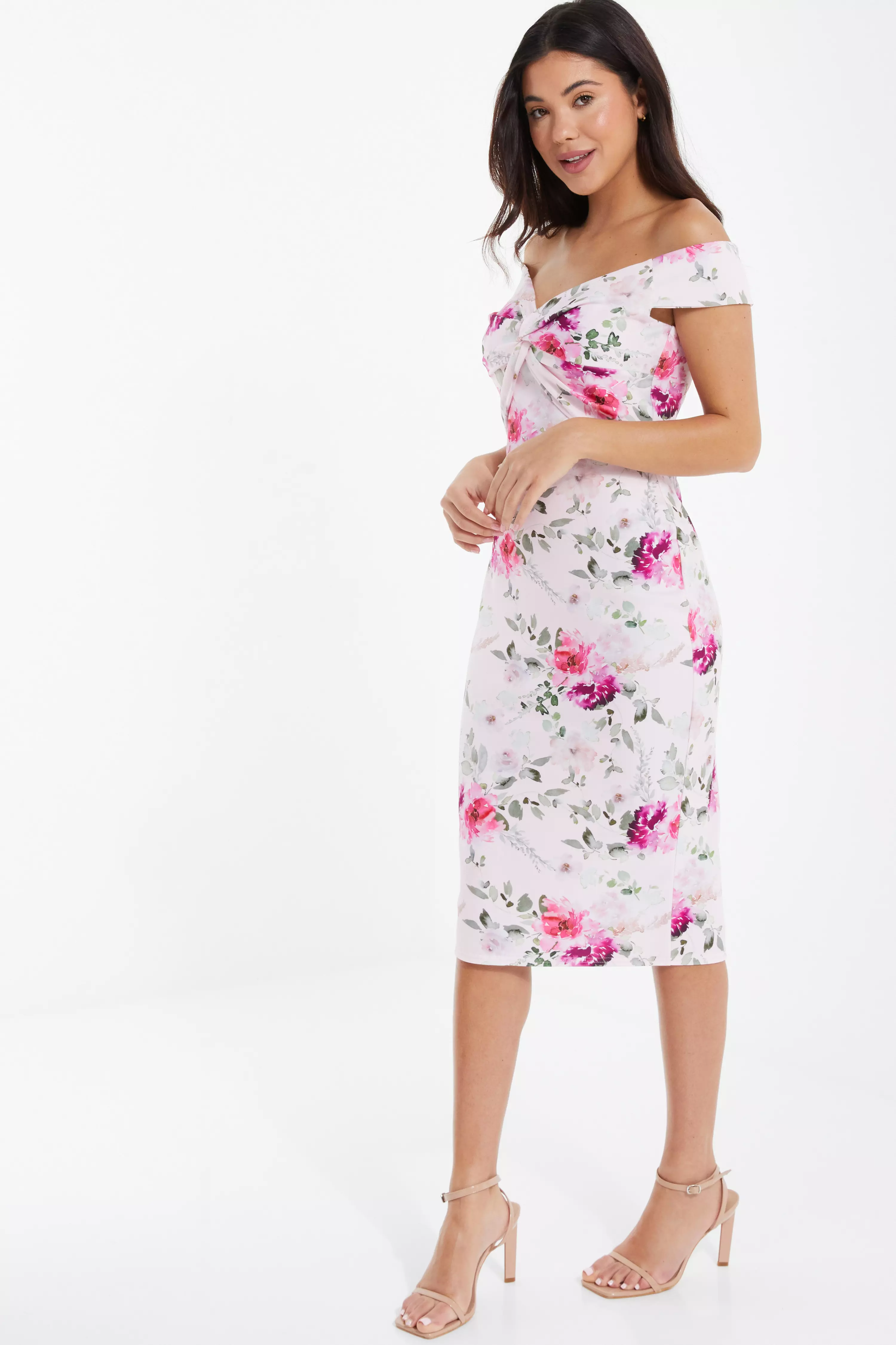 Light Pink Floral Bardot Midi Dress