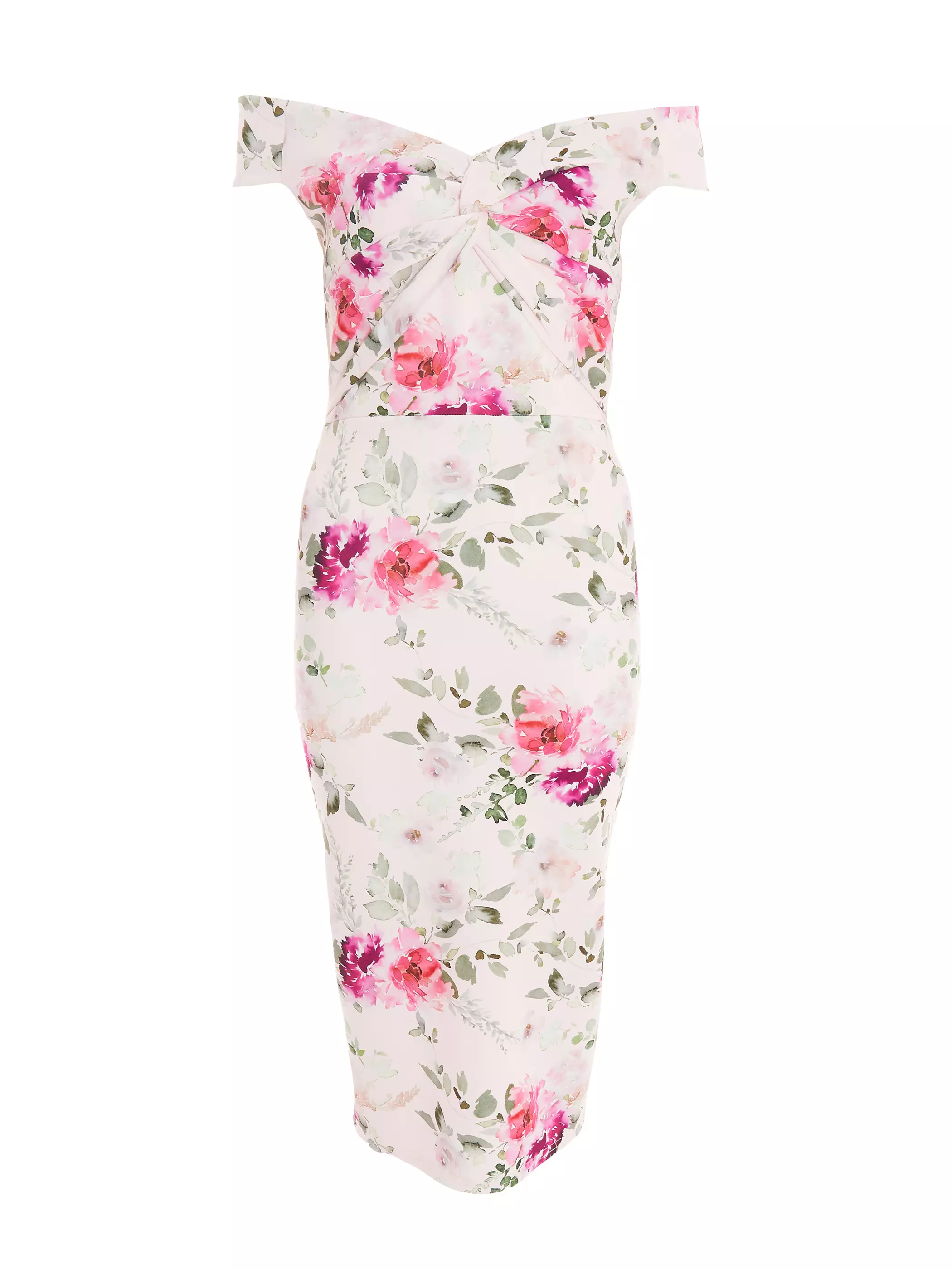 Light Pink Floral Bardot Midi Dress