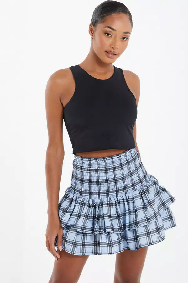 Blue Check Print Ruched Frill Mini Skirt