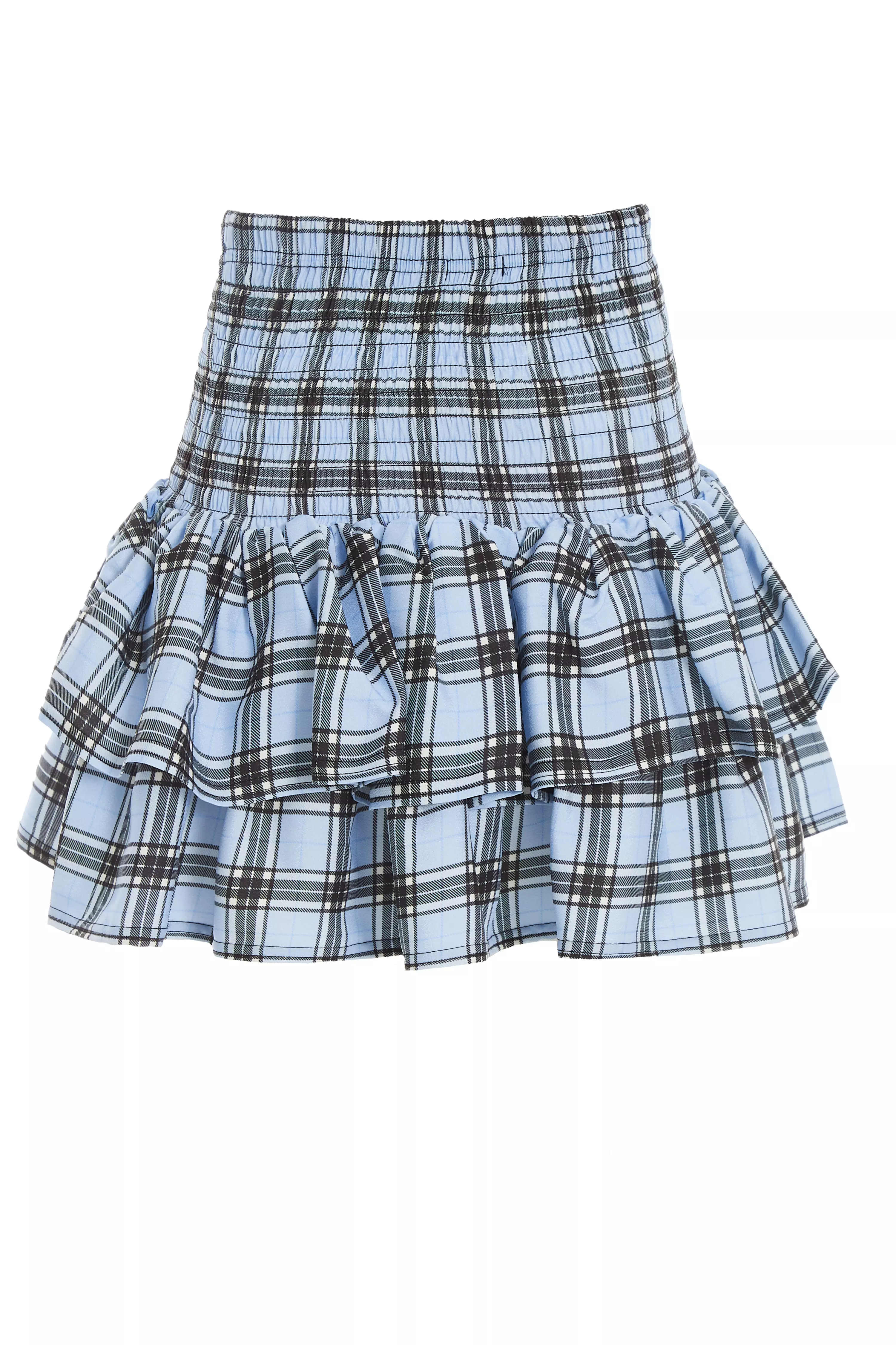 Blue Check Print Ruched Frill Mini Skirt