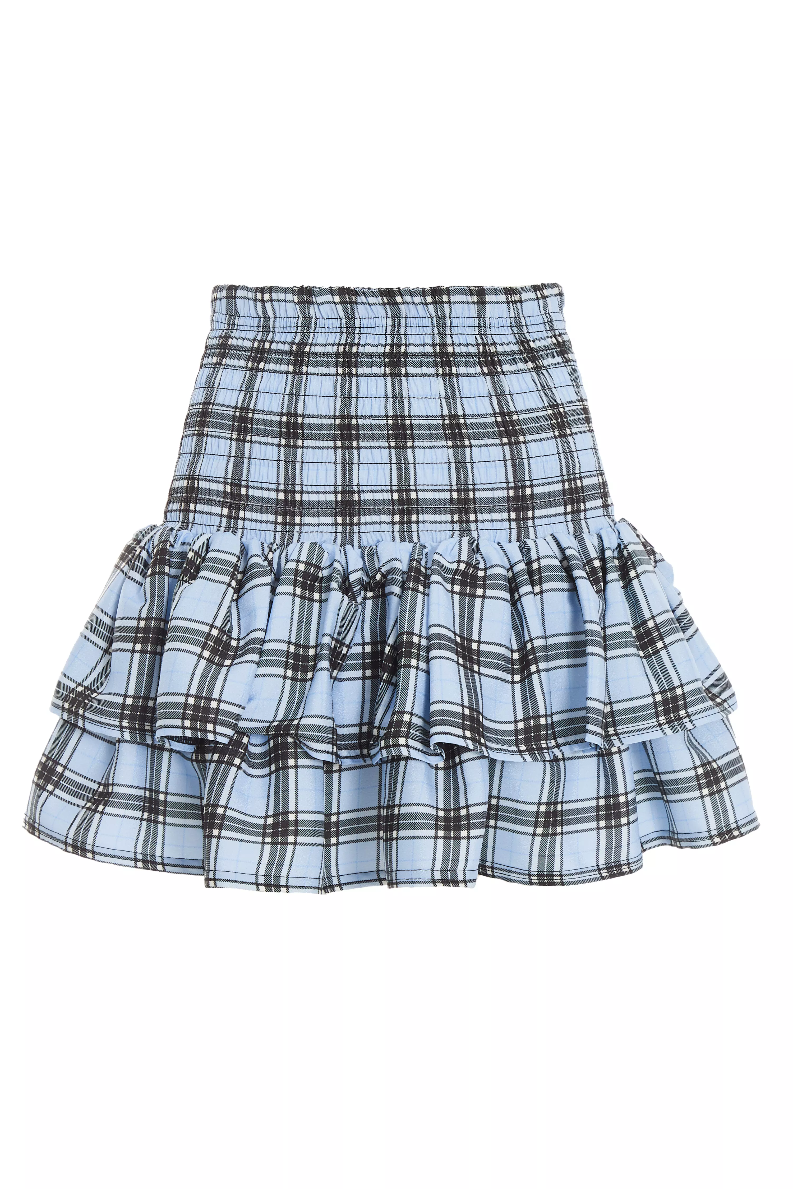 Blue Check Print Ruched Frill Mini Skirt