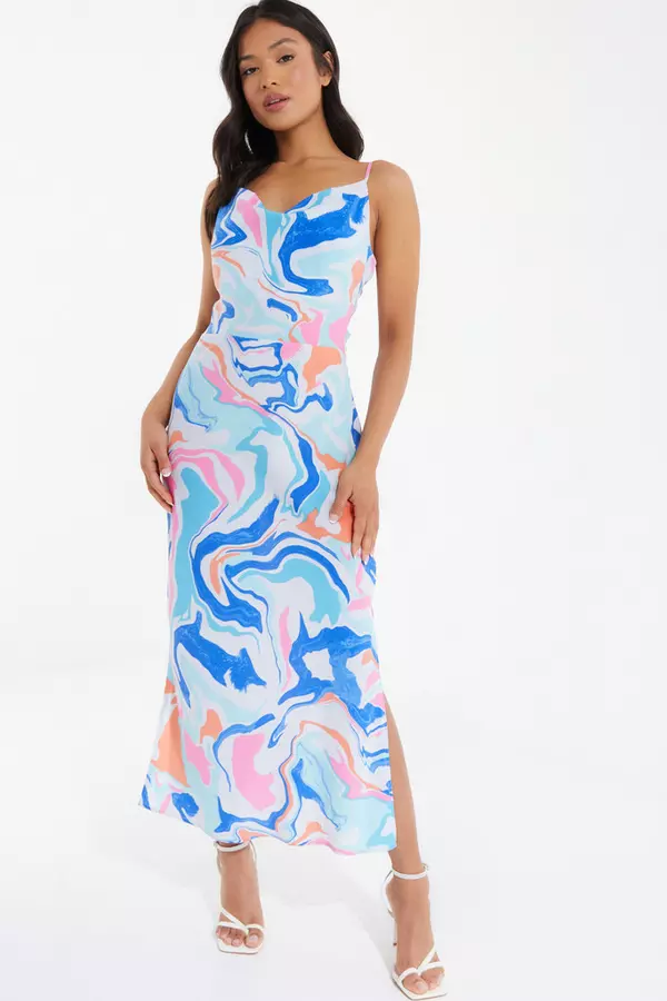 Petite Multicolored Marble Print Midaxi Dress