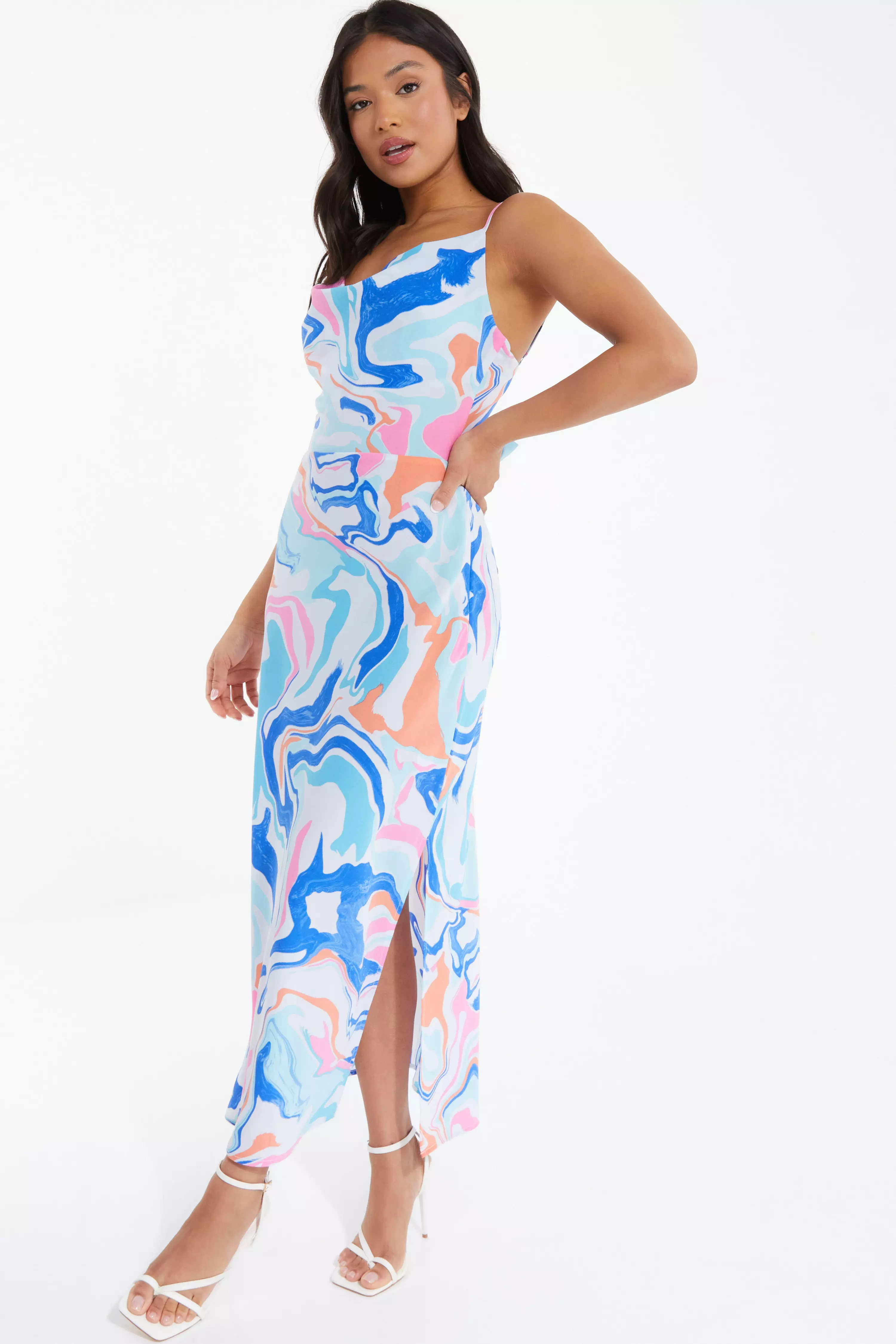 Petite Multicolored Marble Print Midaxi Dress