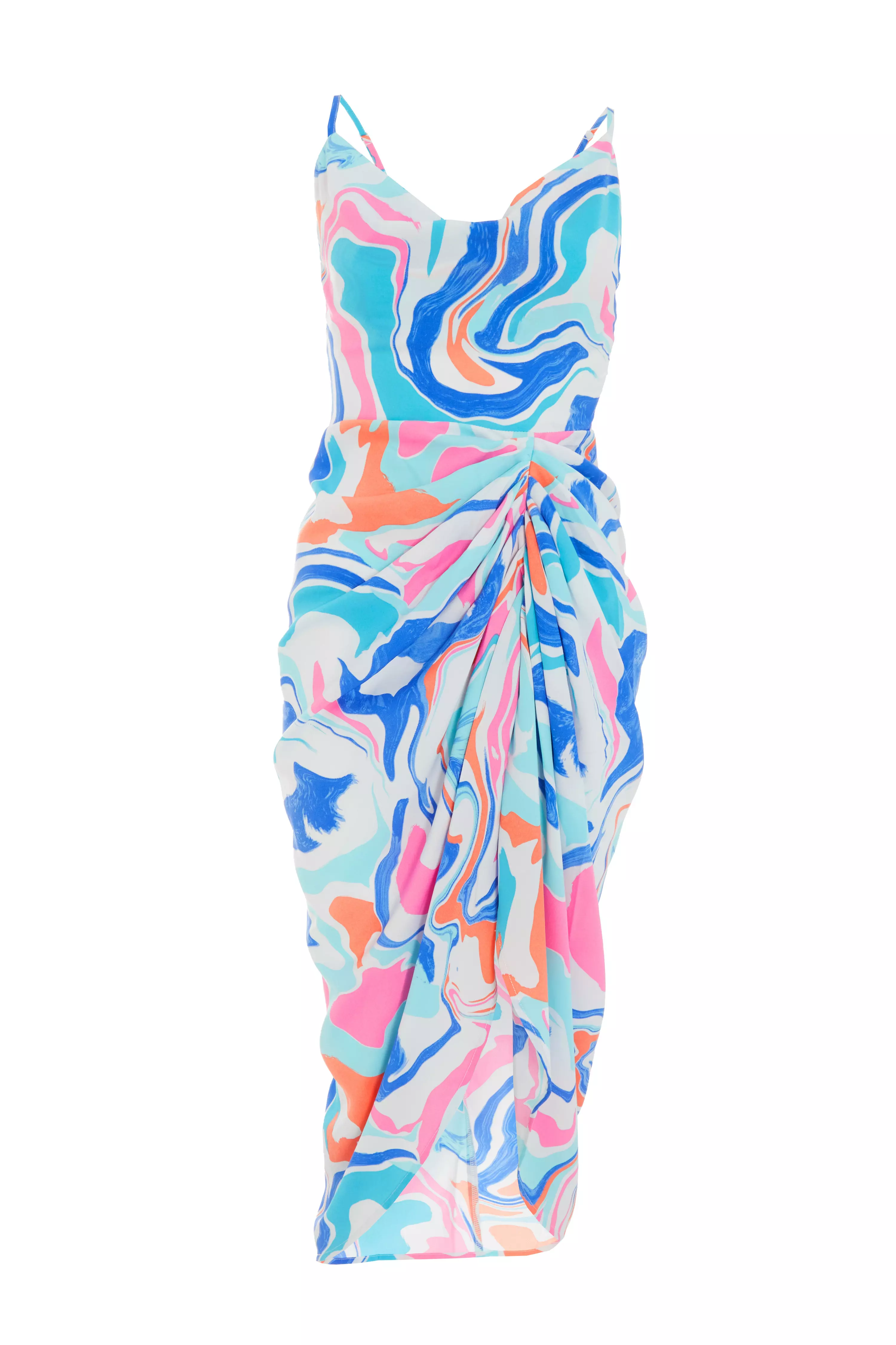 Multicoloured Marble Print Ruched Midi Dress