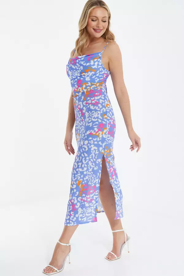 Blue Animal Print Split Midaxi Dress