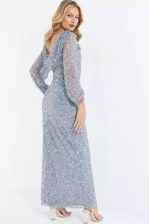 Grey Sequin Long Sleeve Maxi Dress