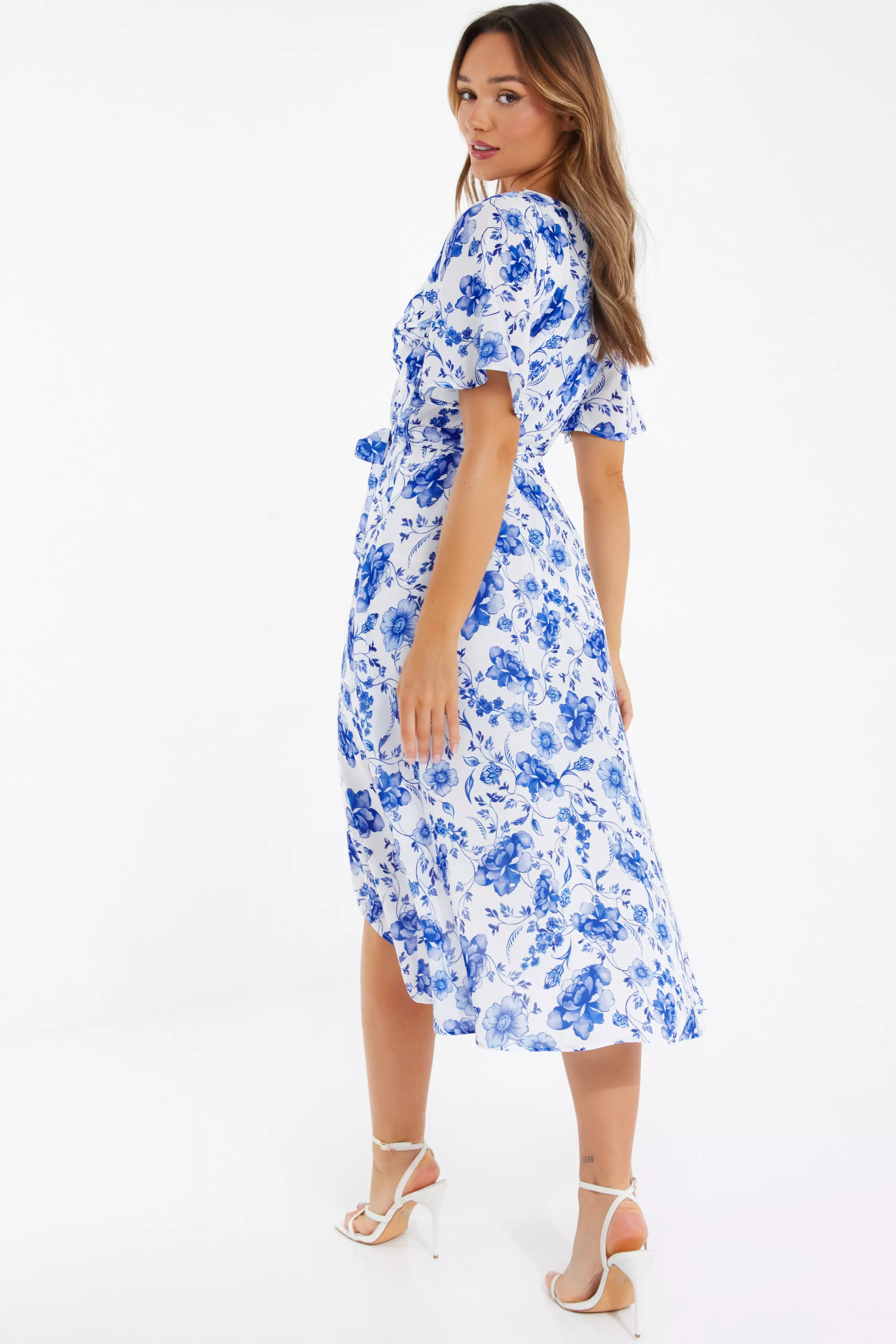 White Floral Wrap Dip Hem Midi Dress