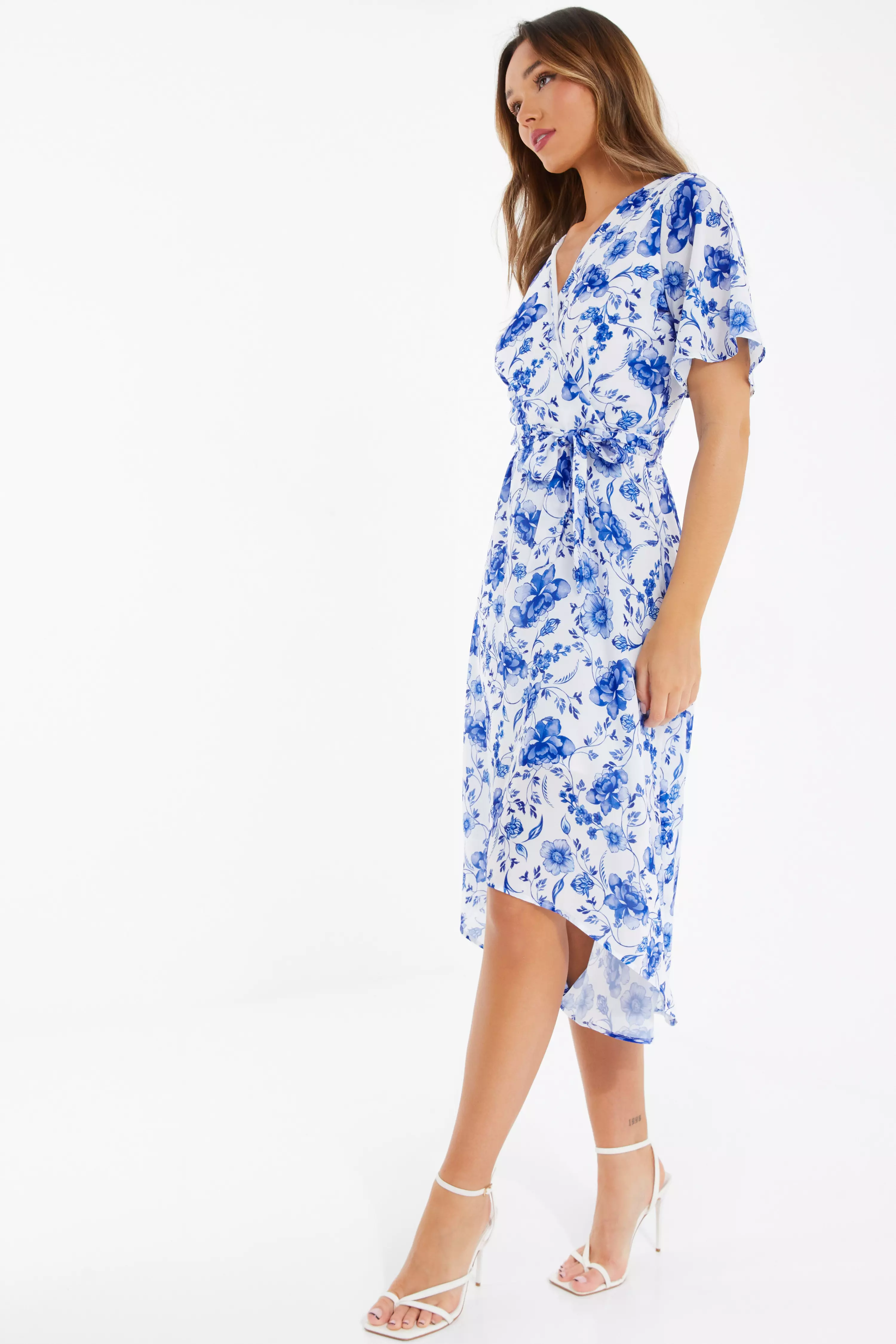 White Floral Wrap Dip Hem Midi Dress