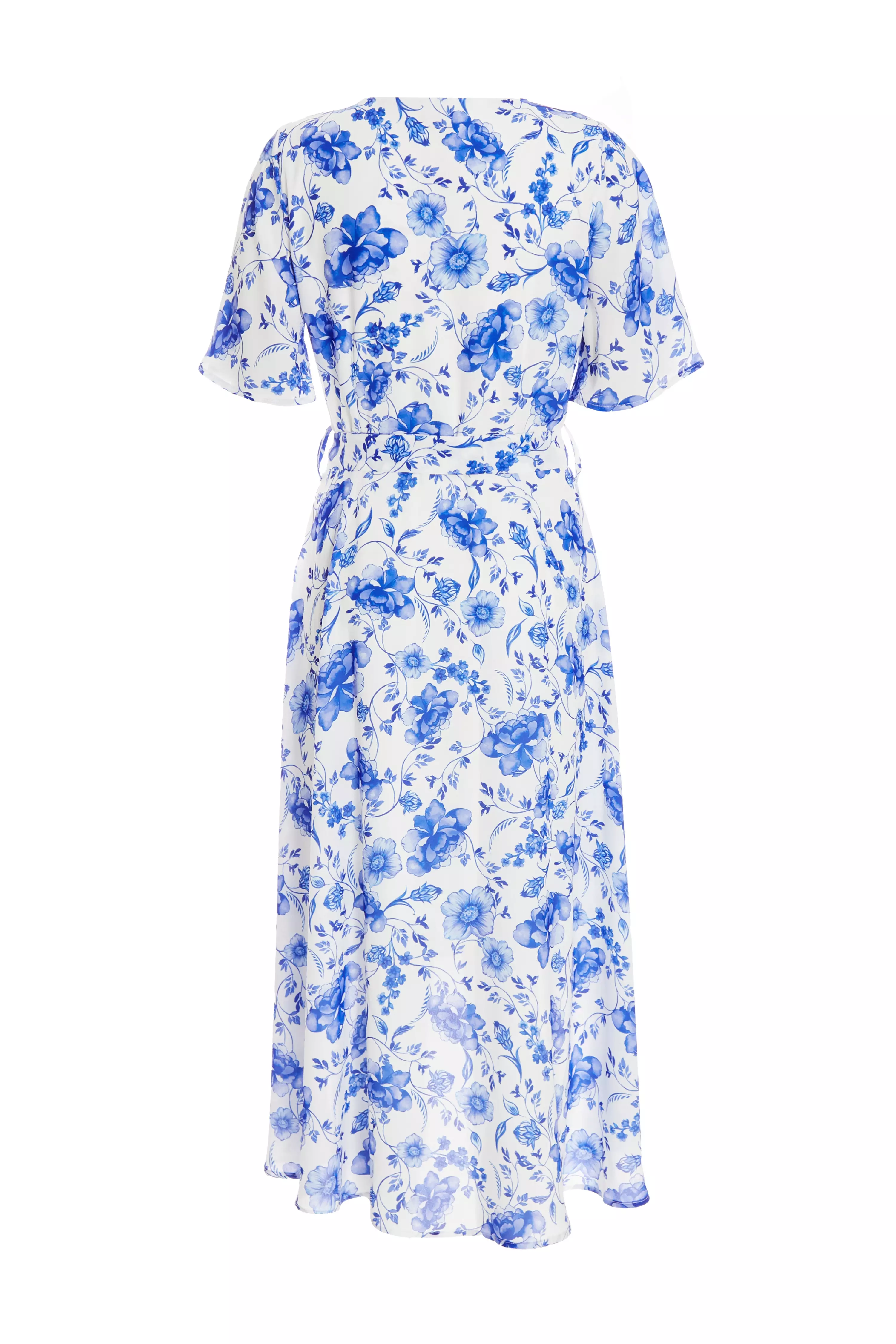 White Floral Wrap Dip Hem Midi Dress