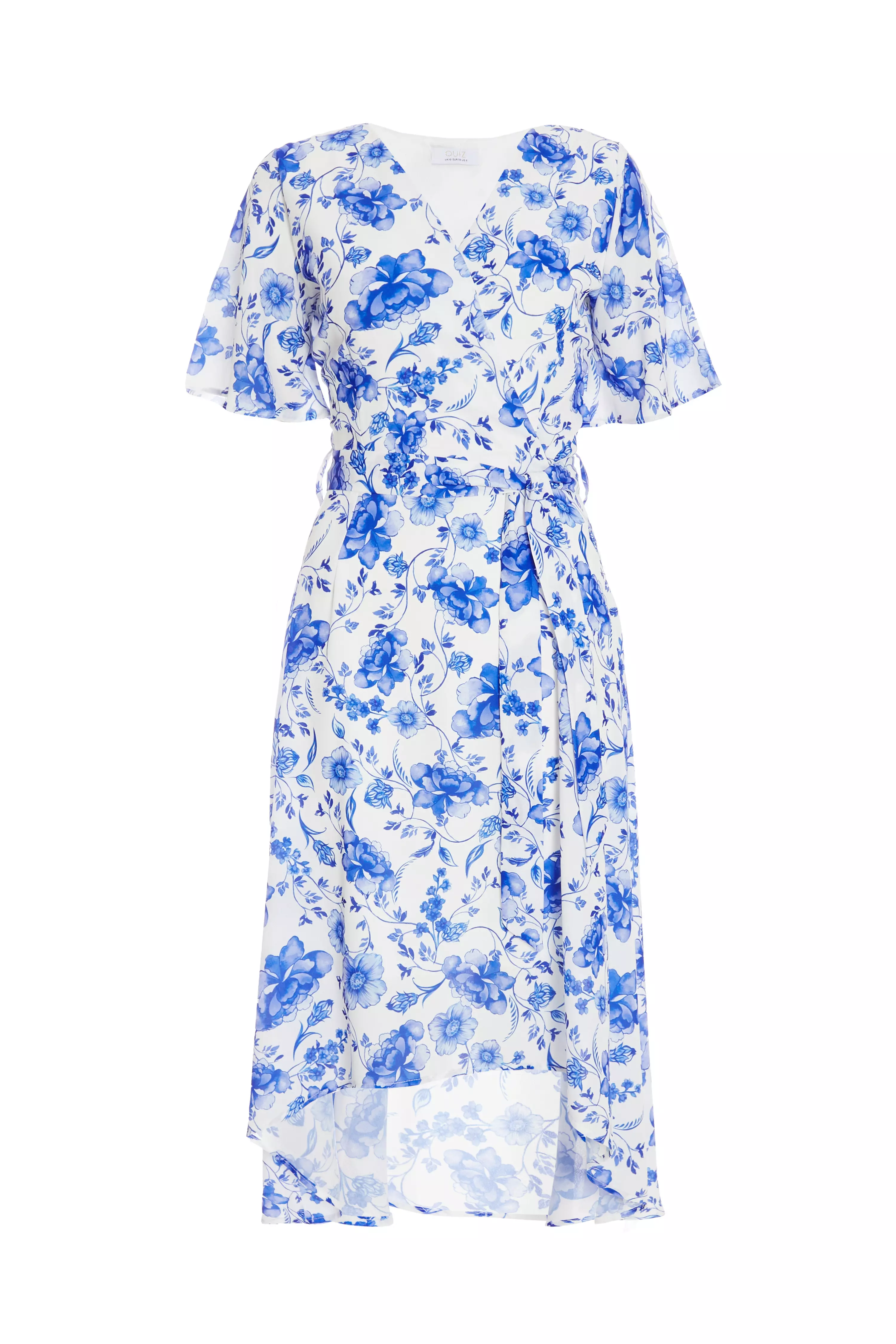 White Floral Wrap Dip Hem Midi Dress