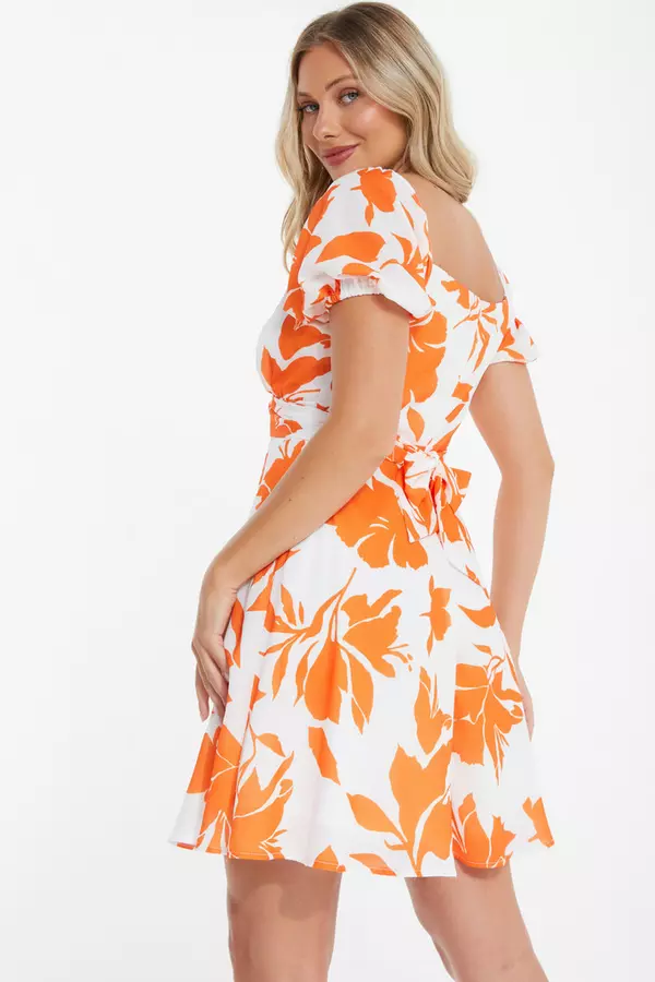 Orange Floral Skater Mini Dress