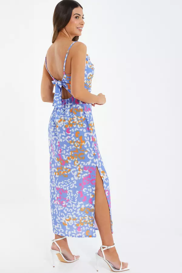 Petite Blue Animal Print Split Midaxi Dress