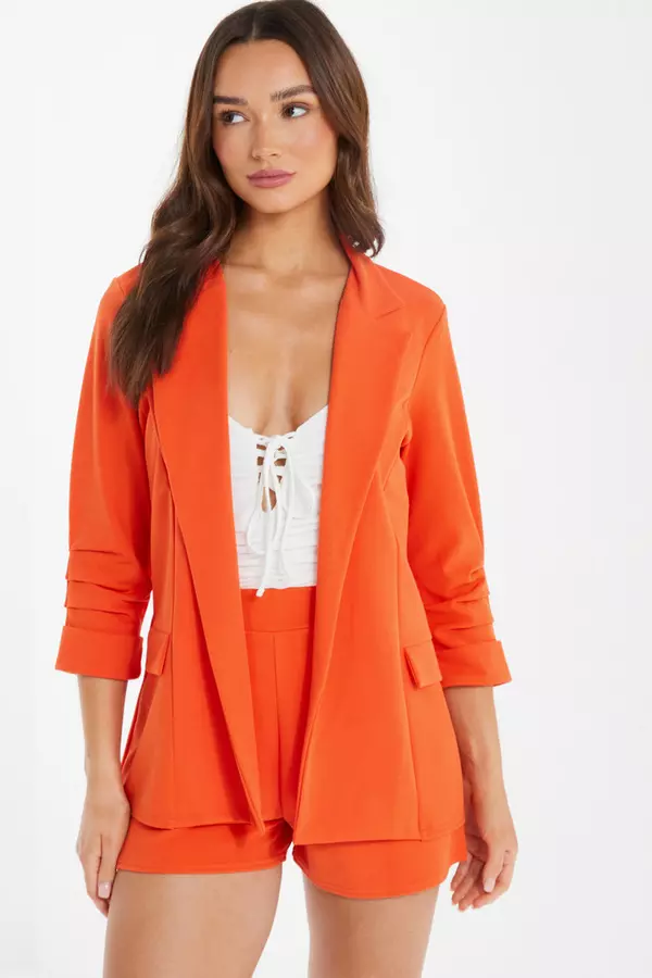Orange Ruched Sleeve Blazer