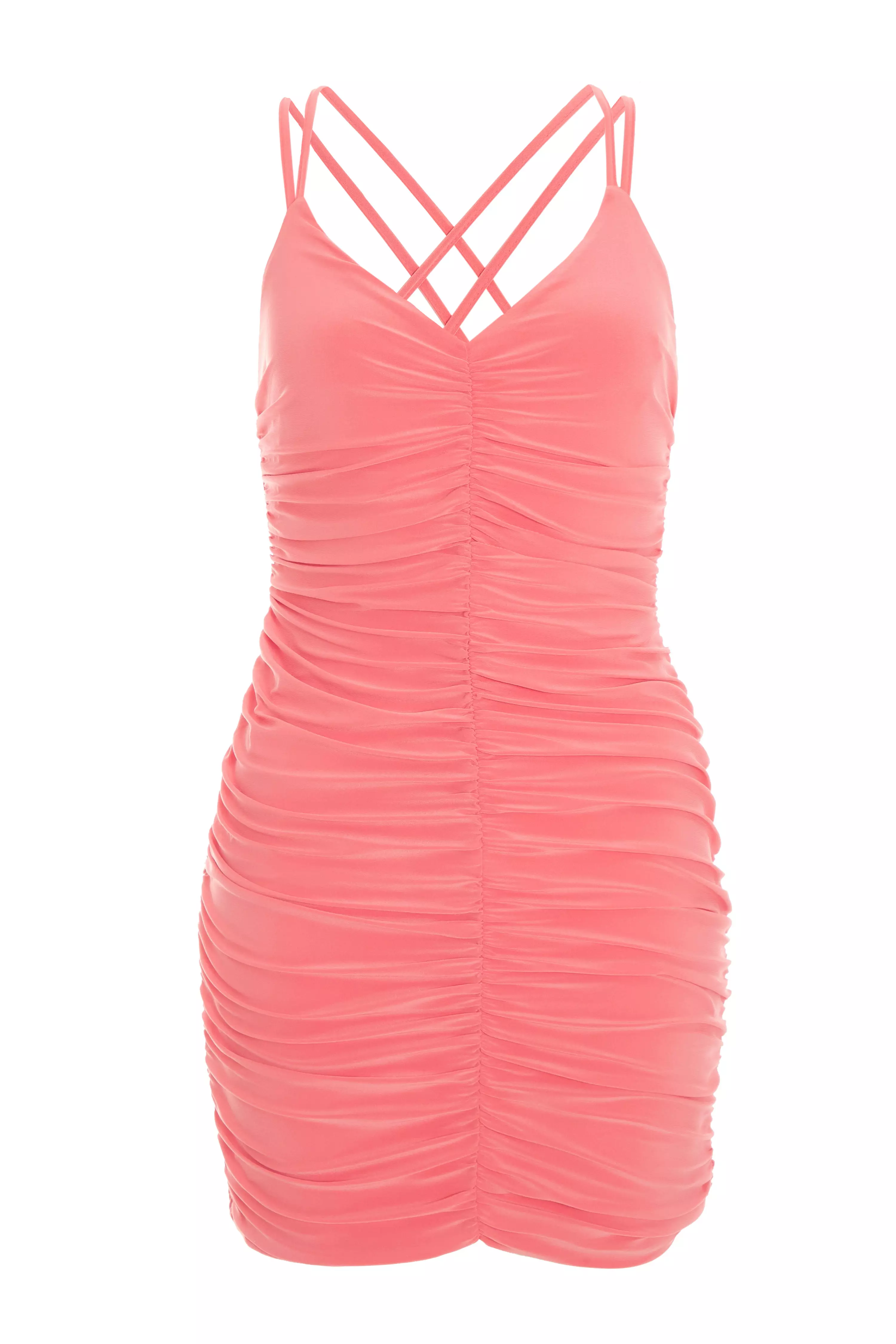 Coral Ruched Bodycon Mini Dress