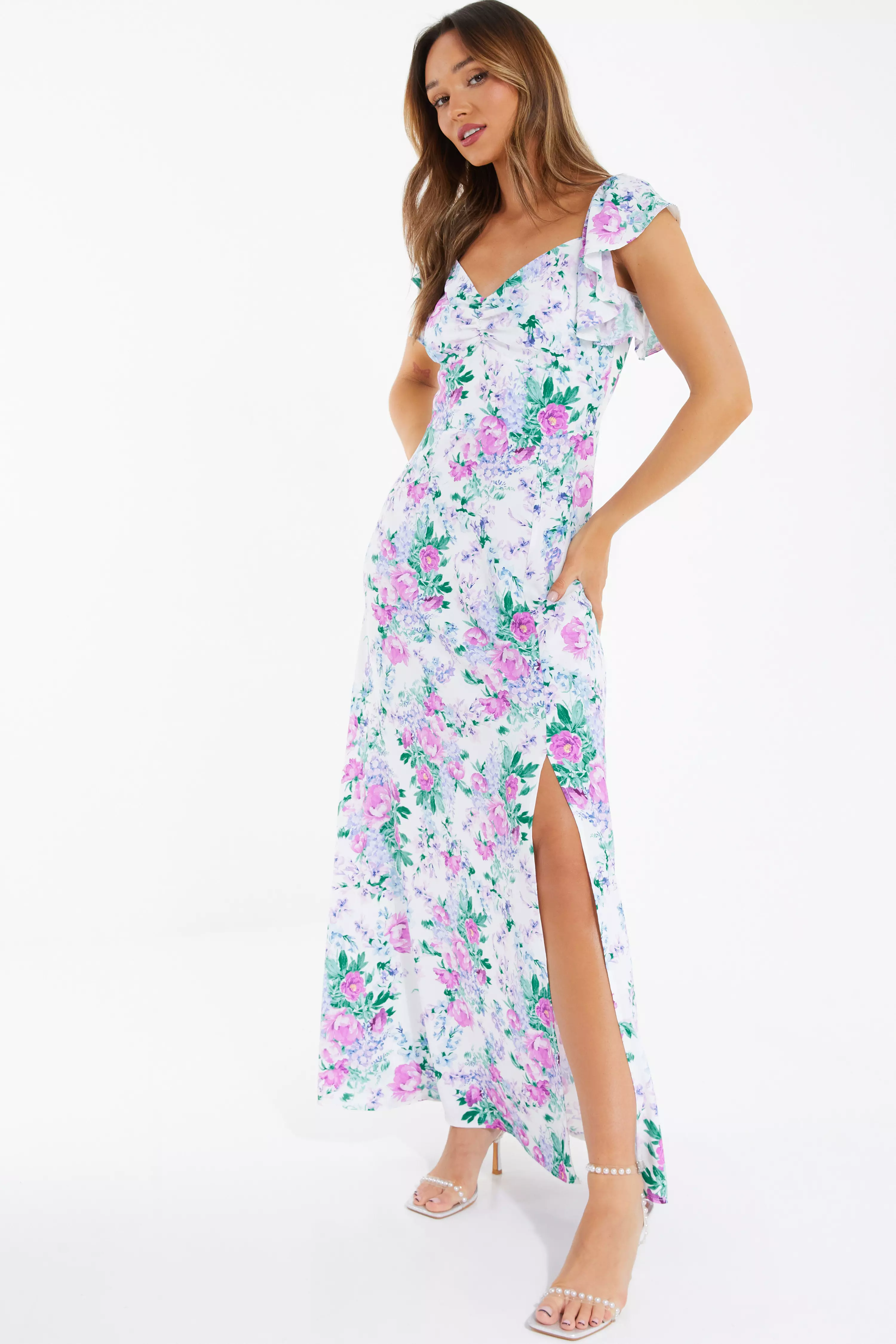 White Floral Split Maxi Dress