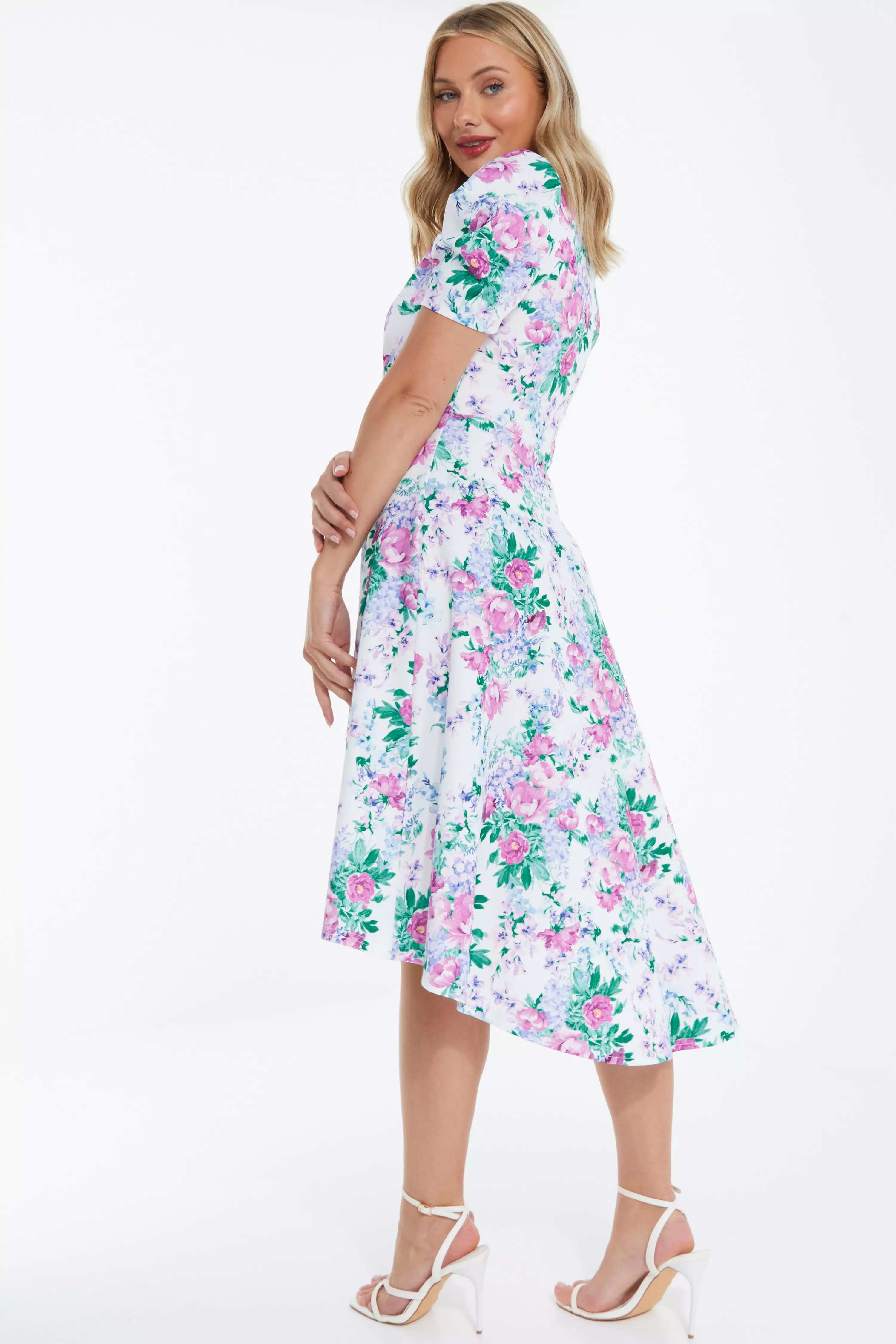 White Floral Puff Sleeve Midi Dress