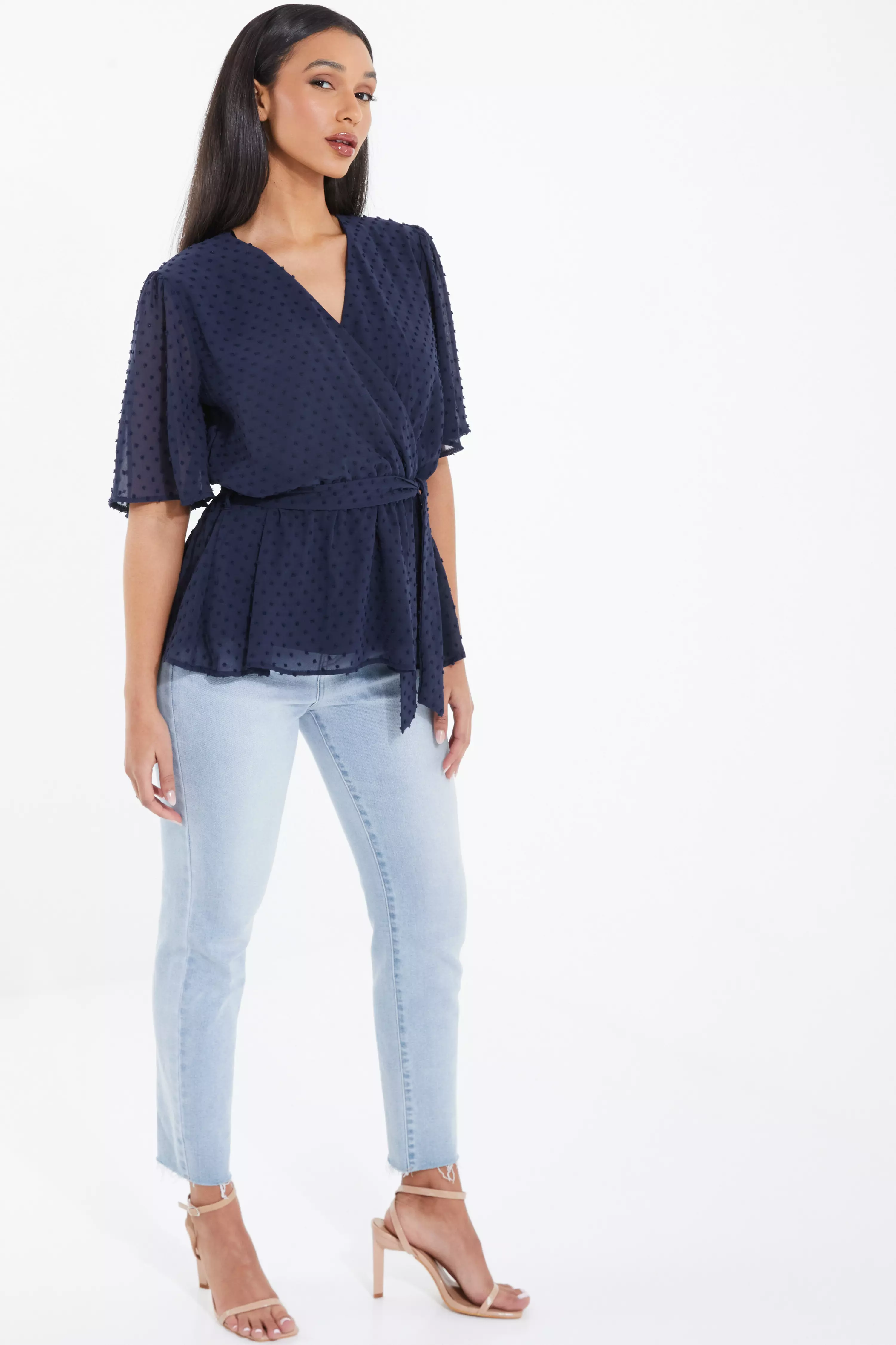 Navy Chiffon Tie Belt Peplum Top