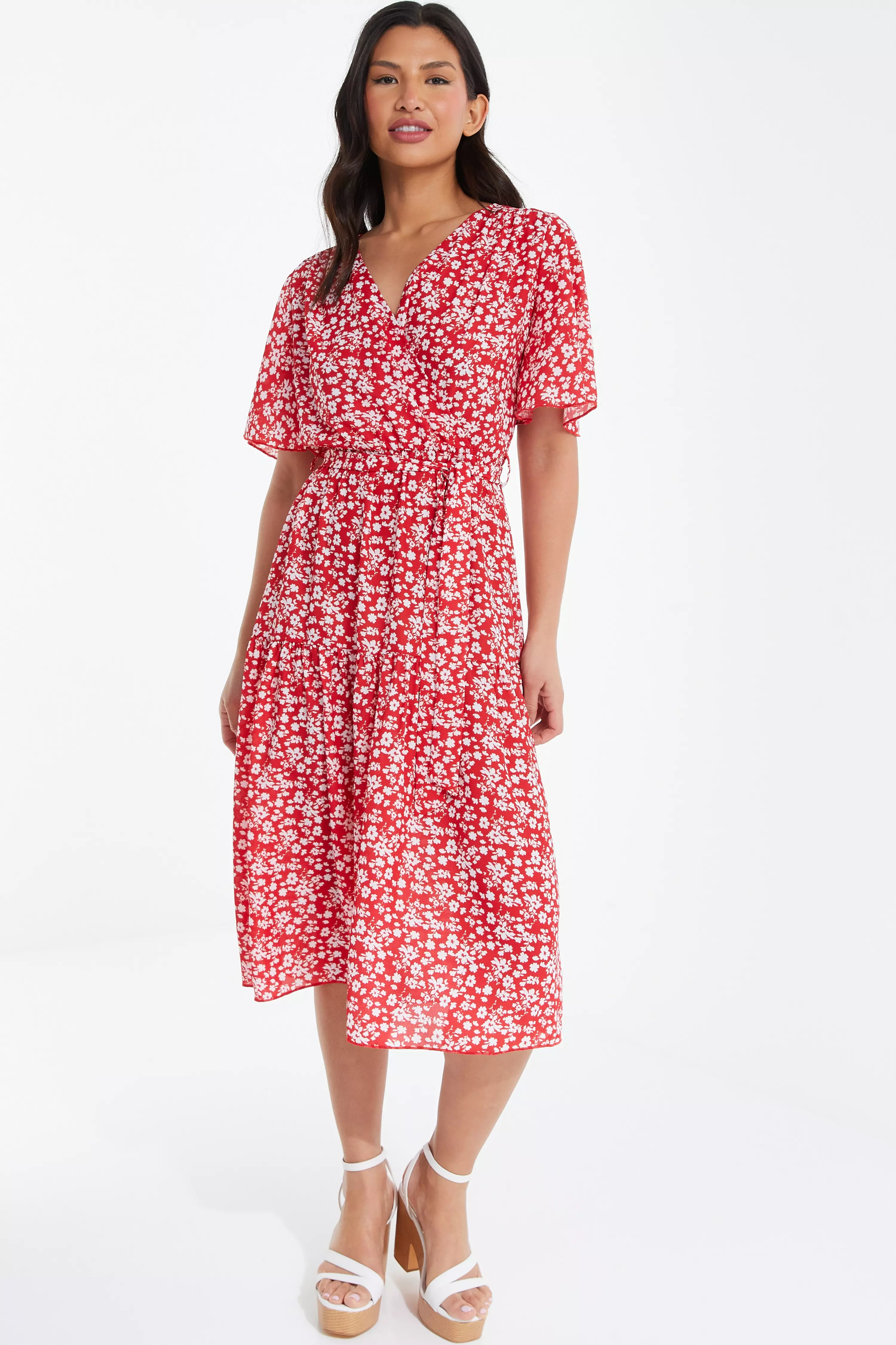 Red Ditsy Floral Tiered Midi Dress