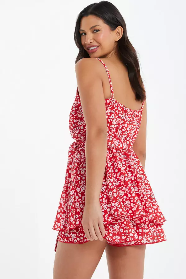 Red Ditsy Floral Wrap Playsuit