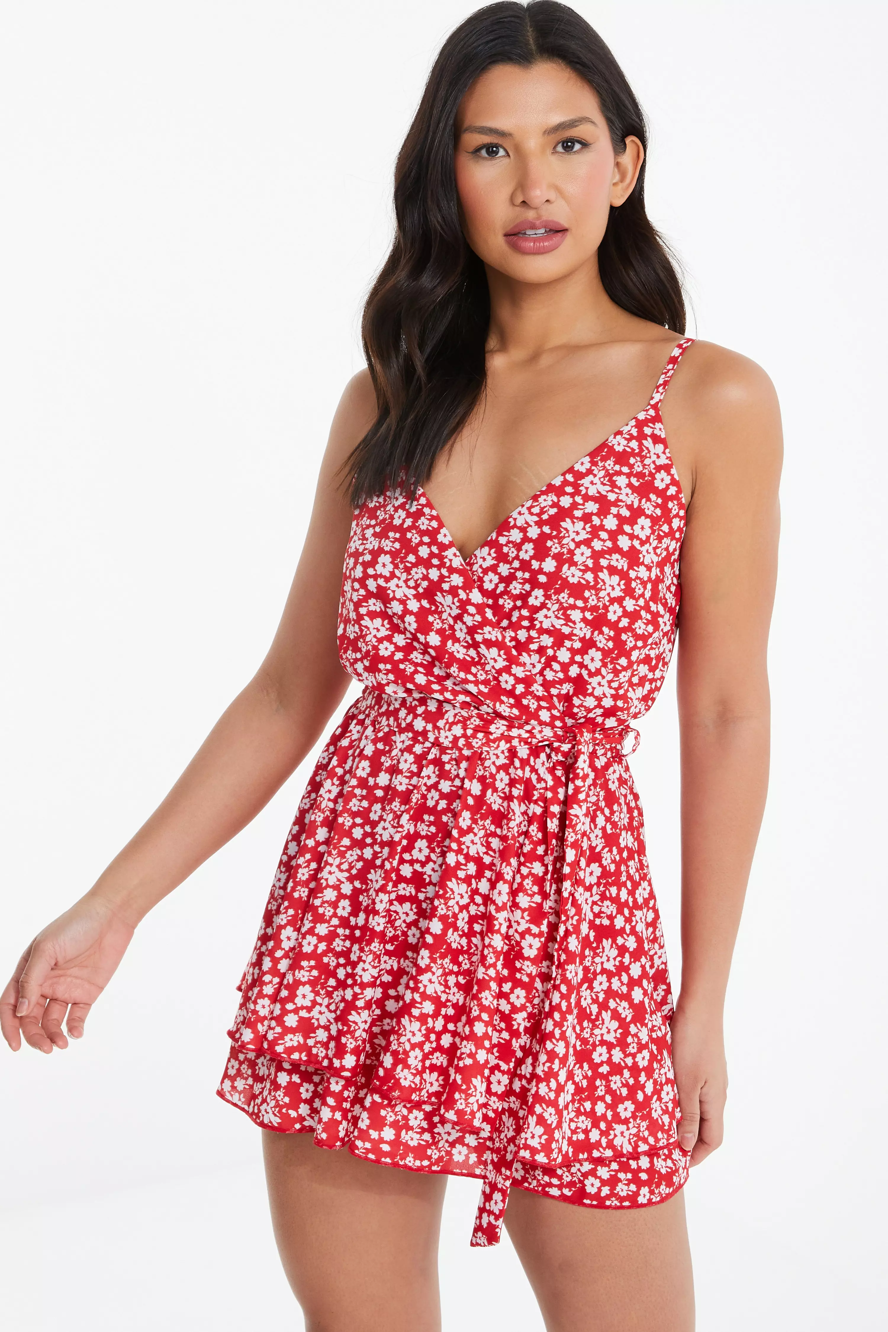 Red Ditsy Floral Wrap Playsuit