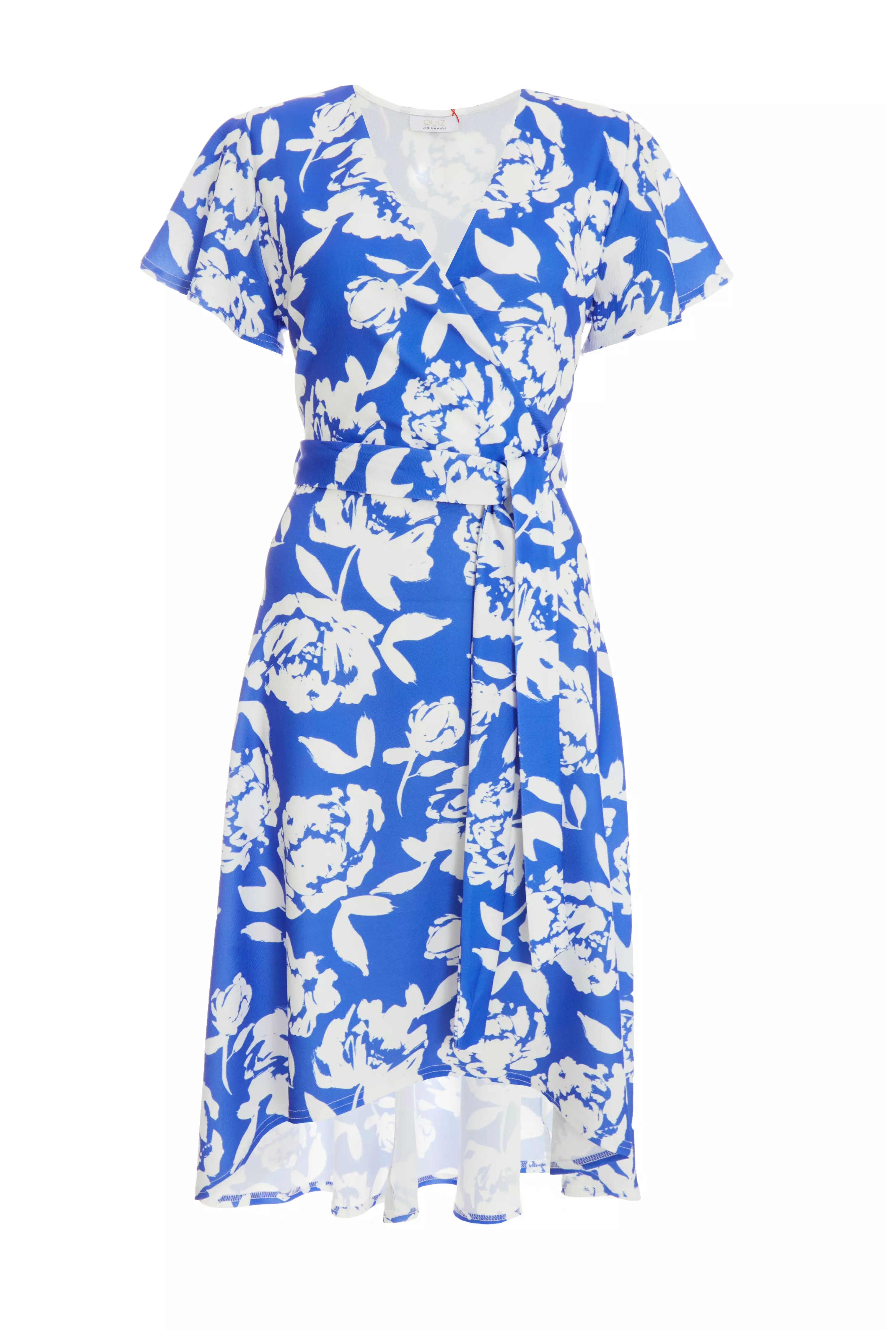 Blue Floral Wrap Dip Hem Midi Dress