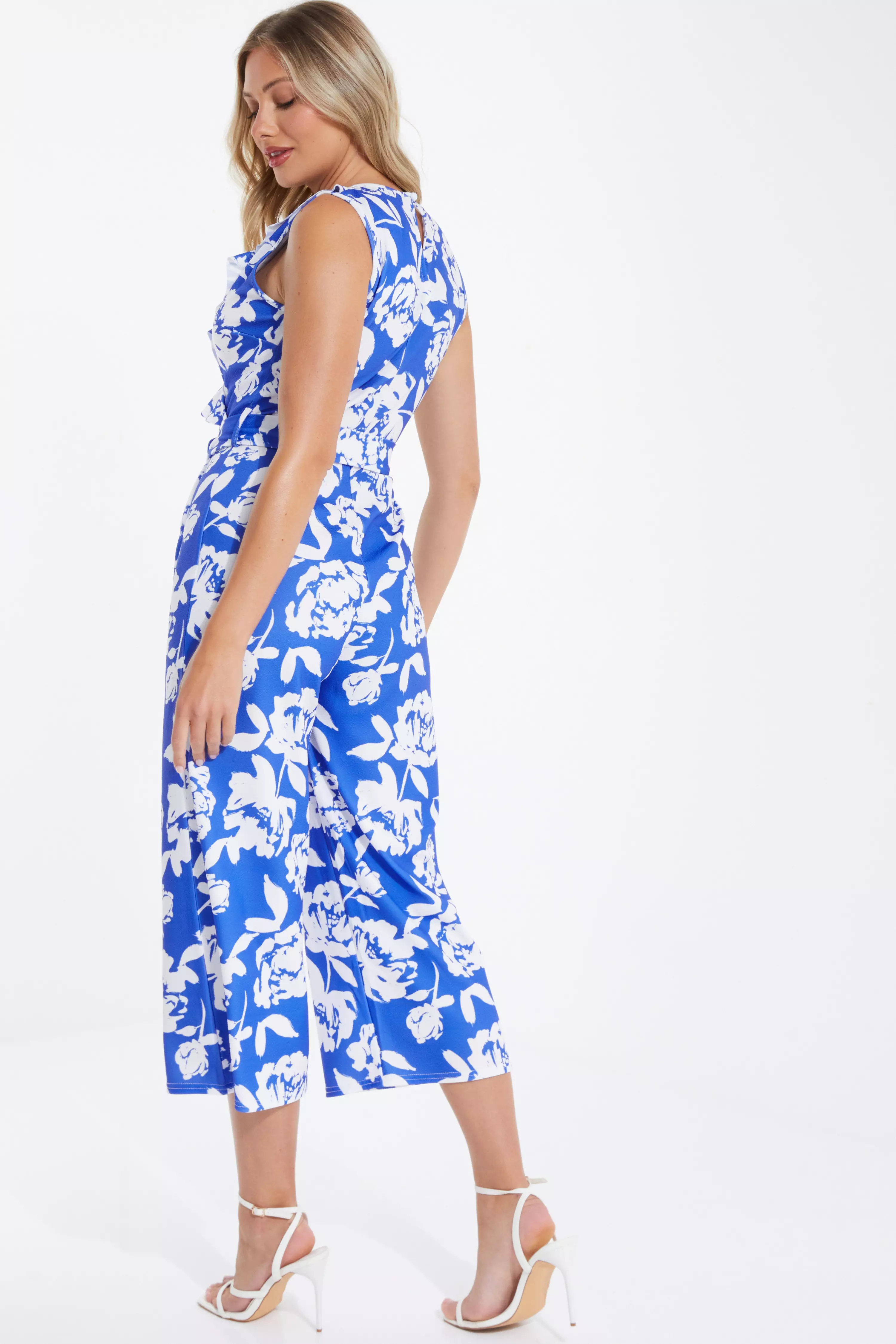 Blue Floral Wrap Culotte Jumpsuit