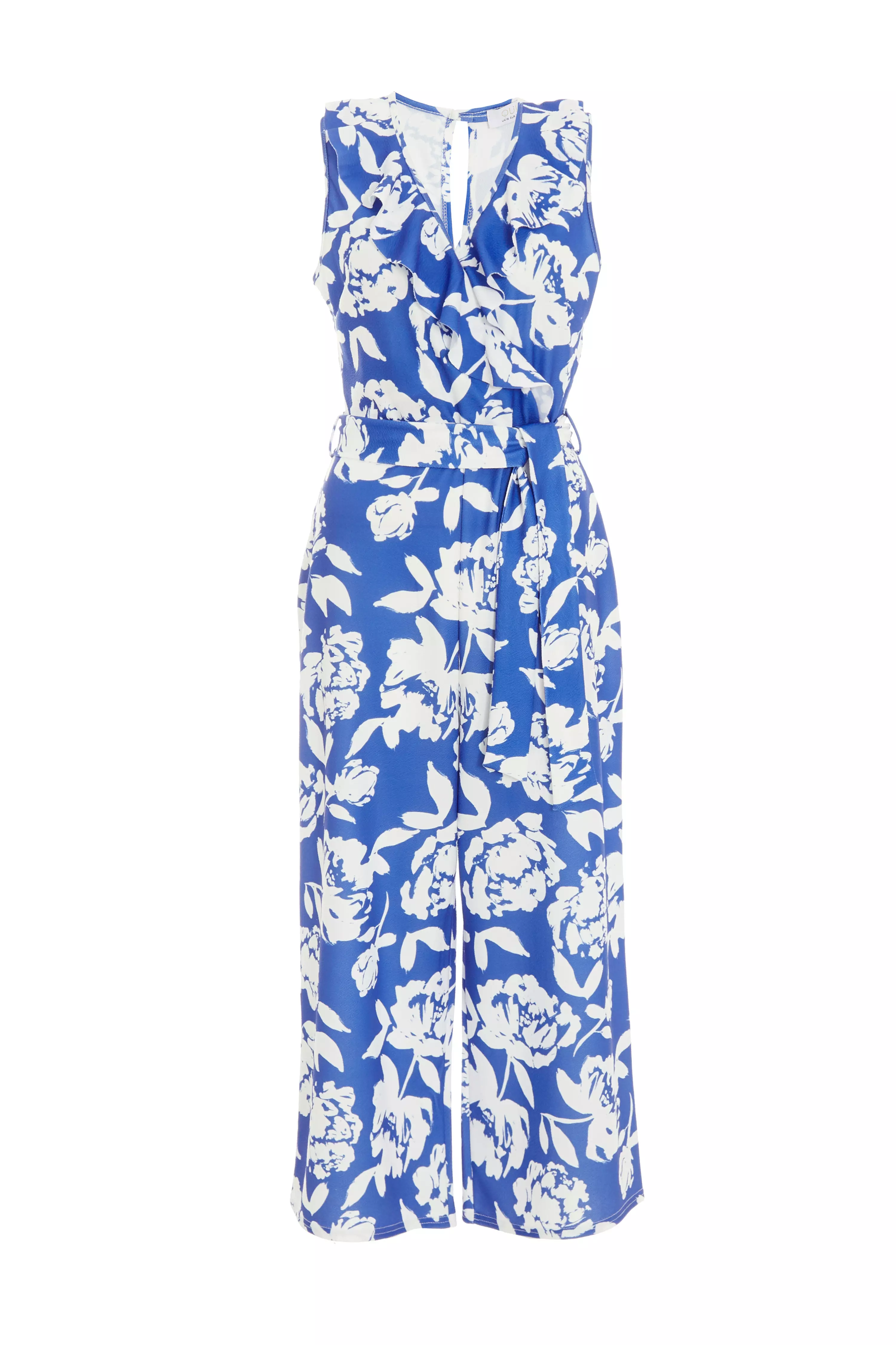 Blue Floral Wrap Culotte Jumpsuit