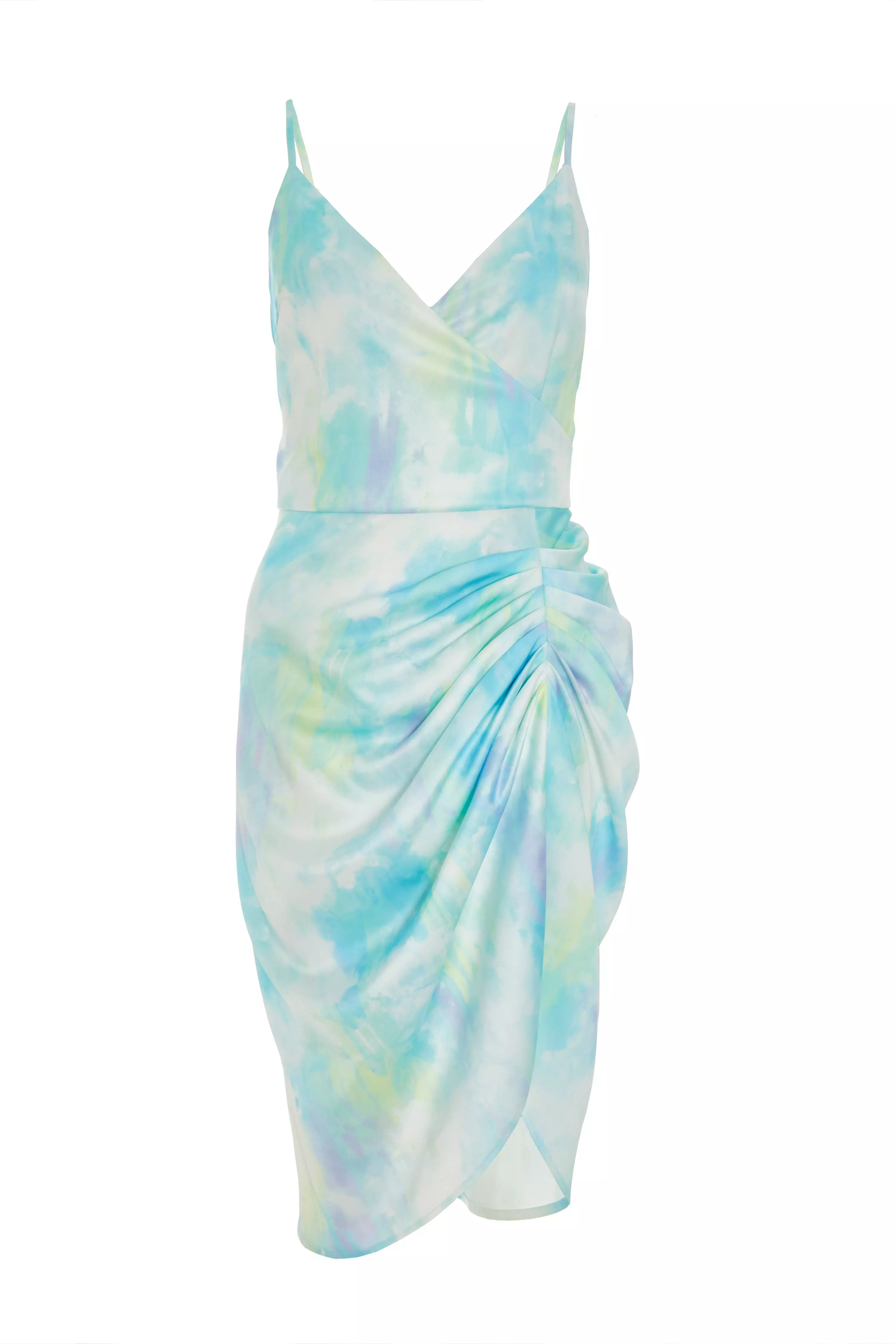 Blue Smudge Print Satin Wrap Midi Dress