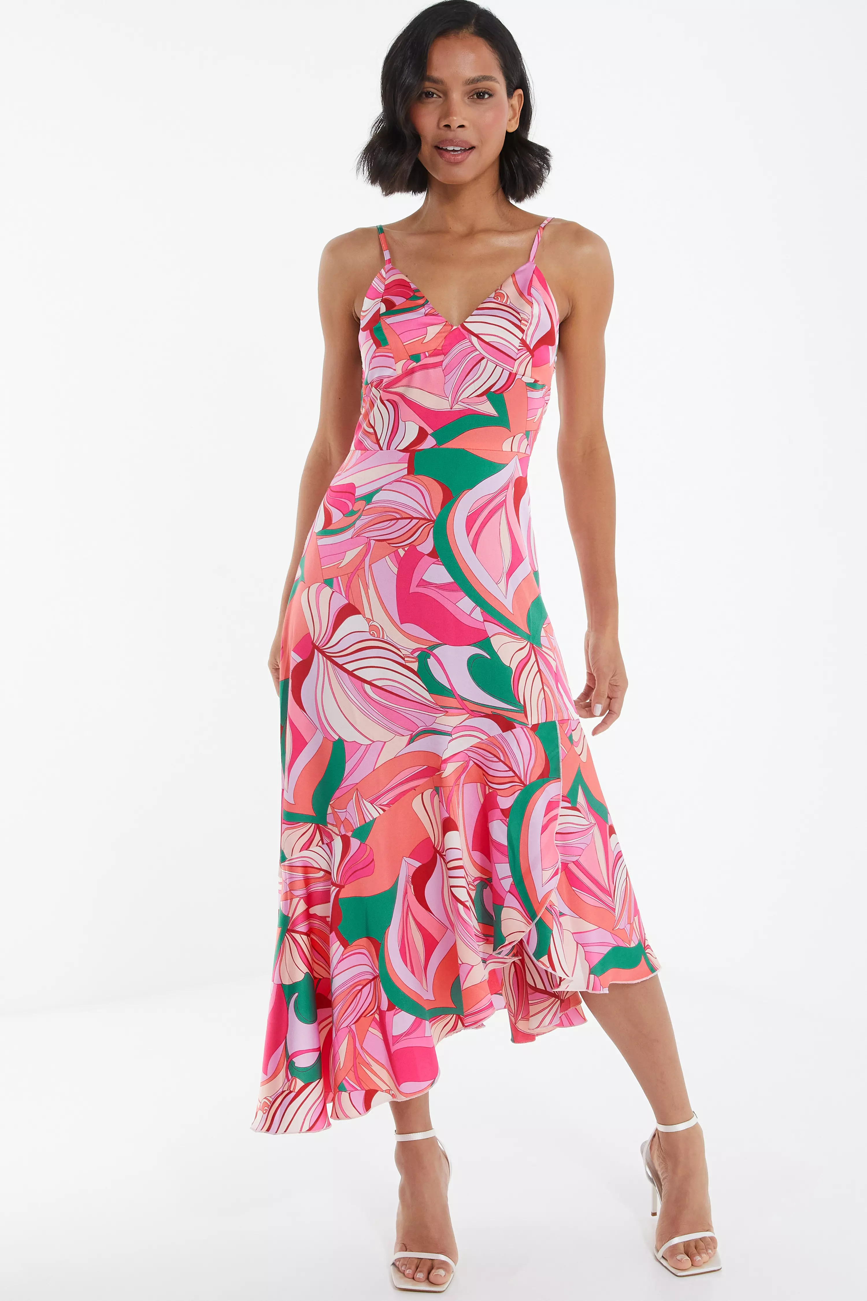 Pink Scarf Print Frill Midi Dress