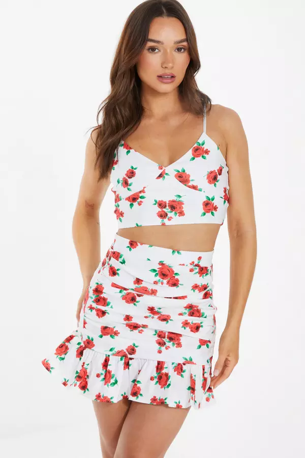 White Floral Ruched Mini Skirt