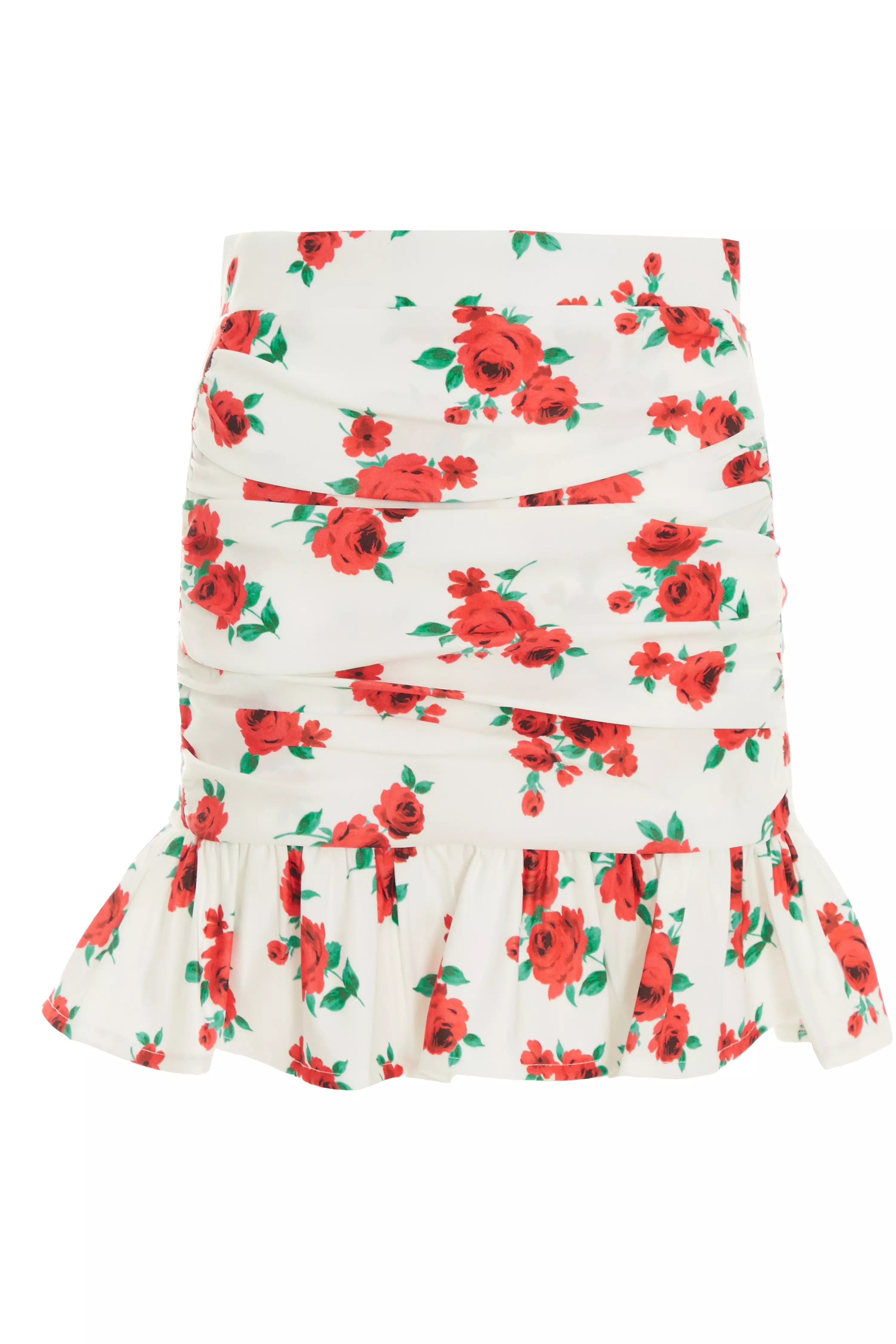 White Floral Ruched Mini Skirt