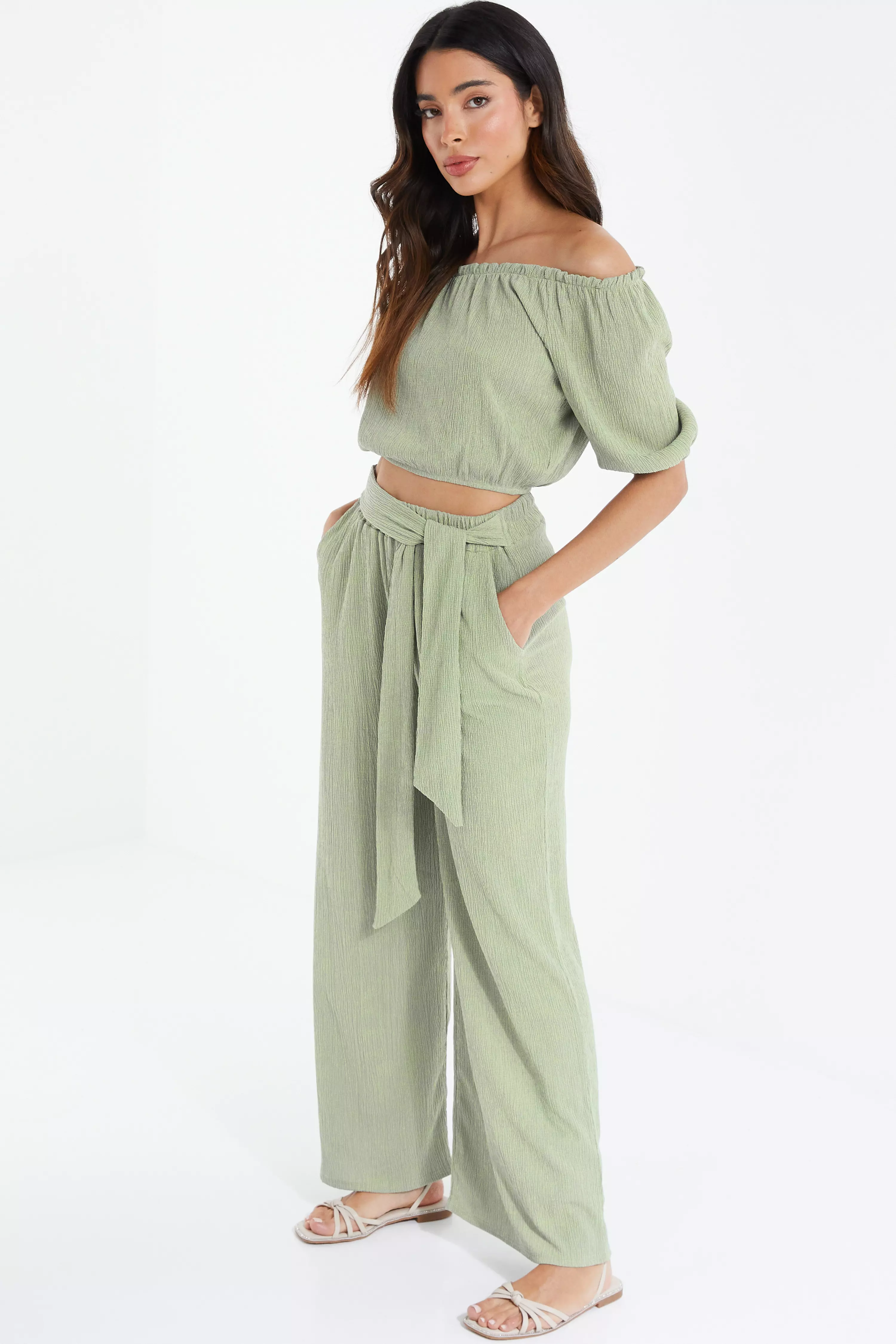 Khaki Bardot Crinkle Top