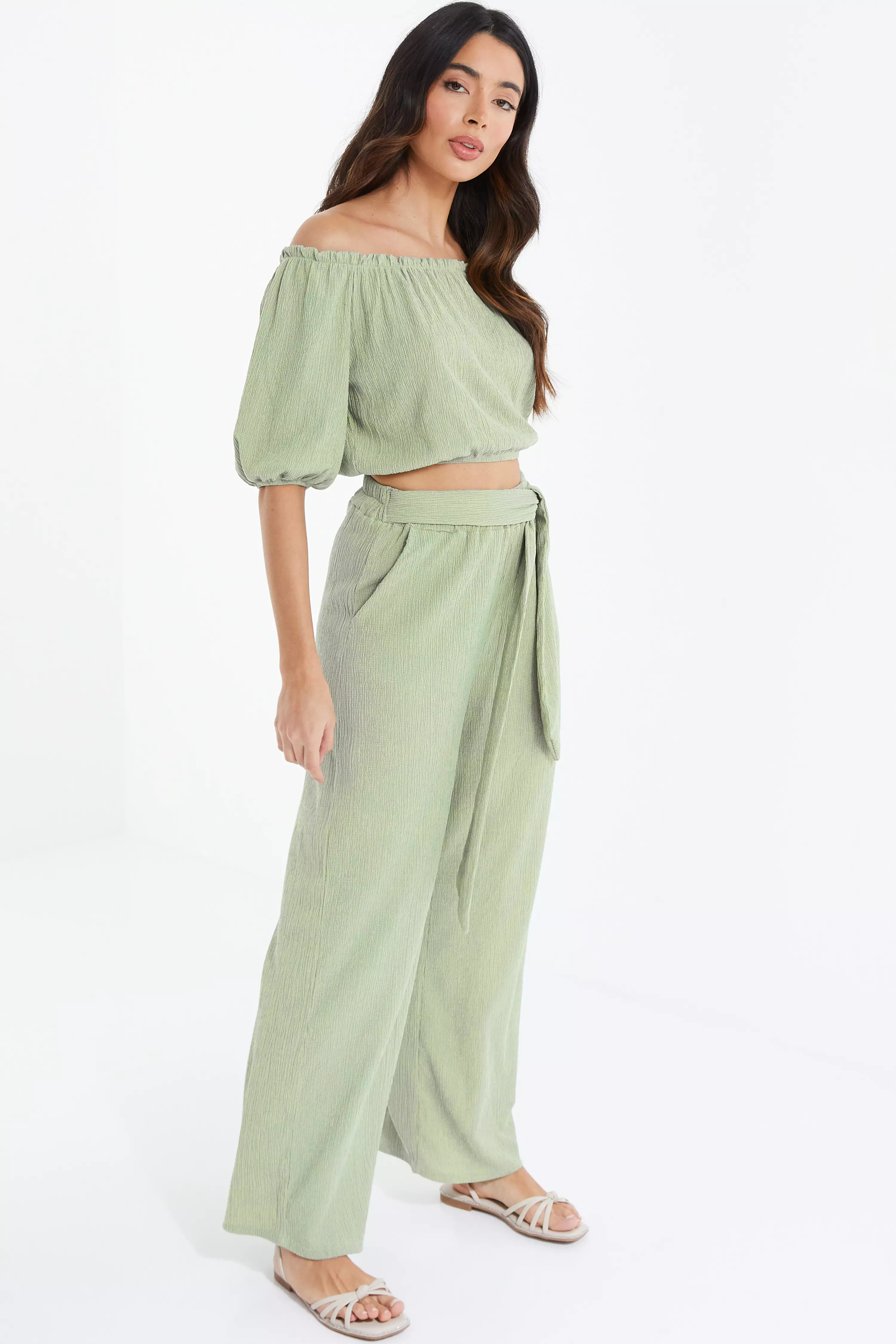 Khaki Crinkle Wide Leg Trousers