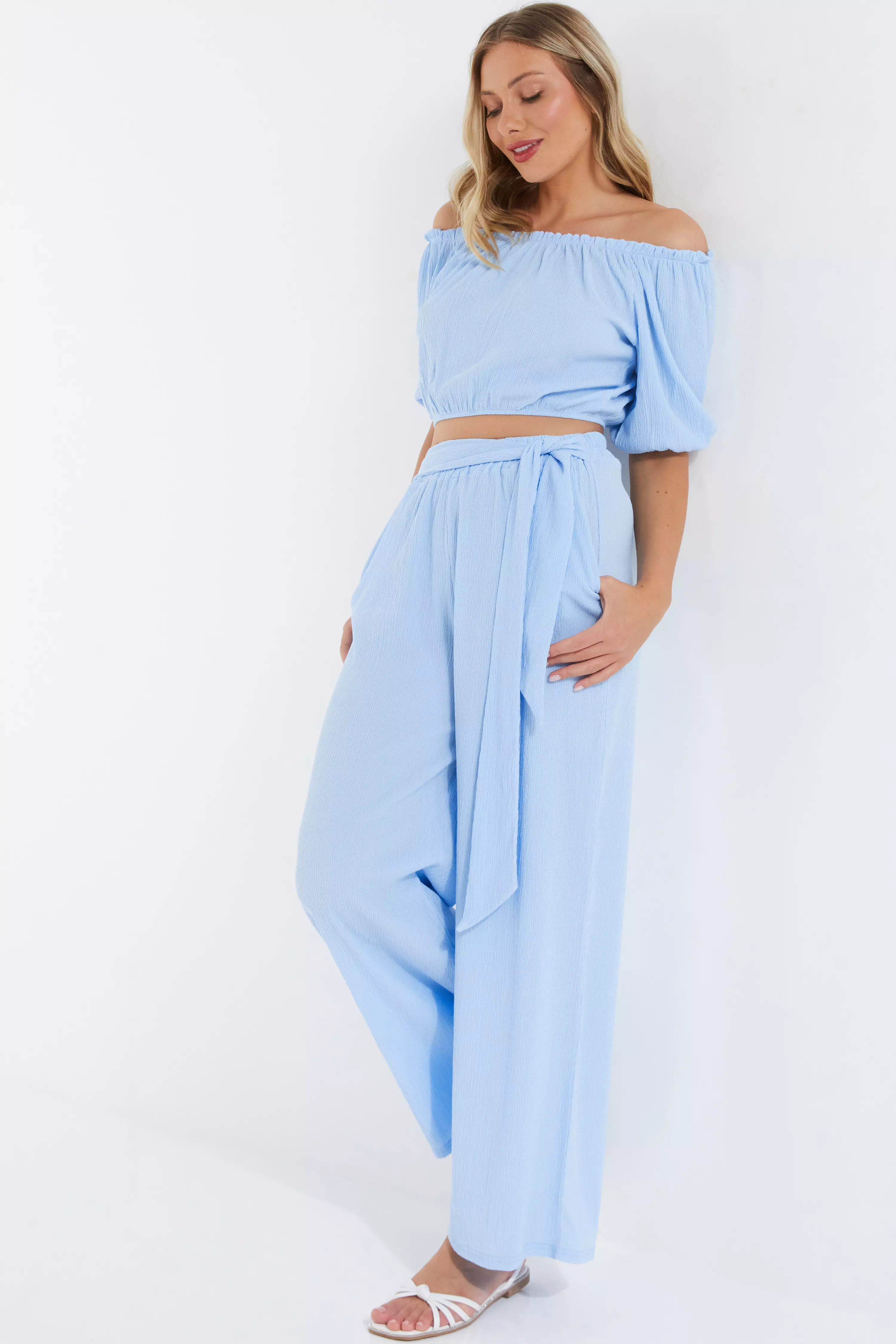 Blue Crinkle Wide Leg Trousers