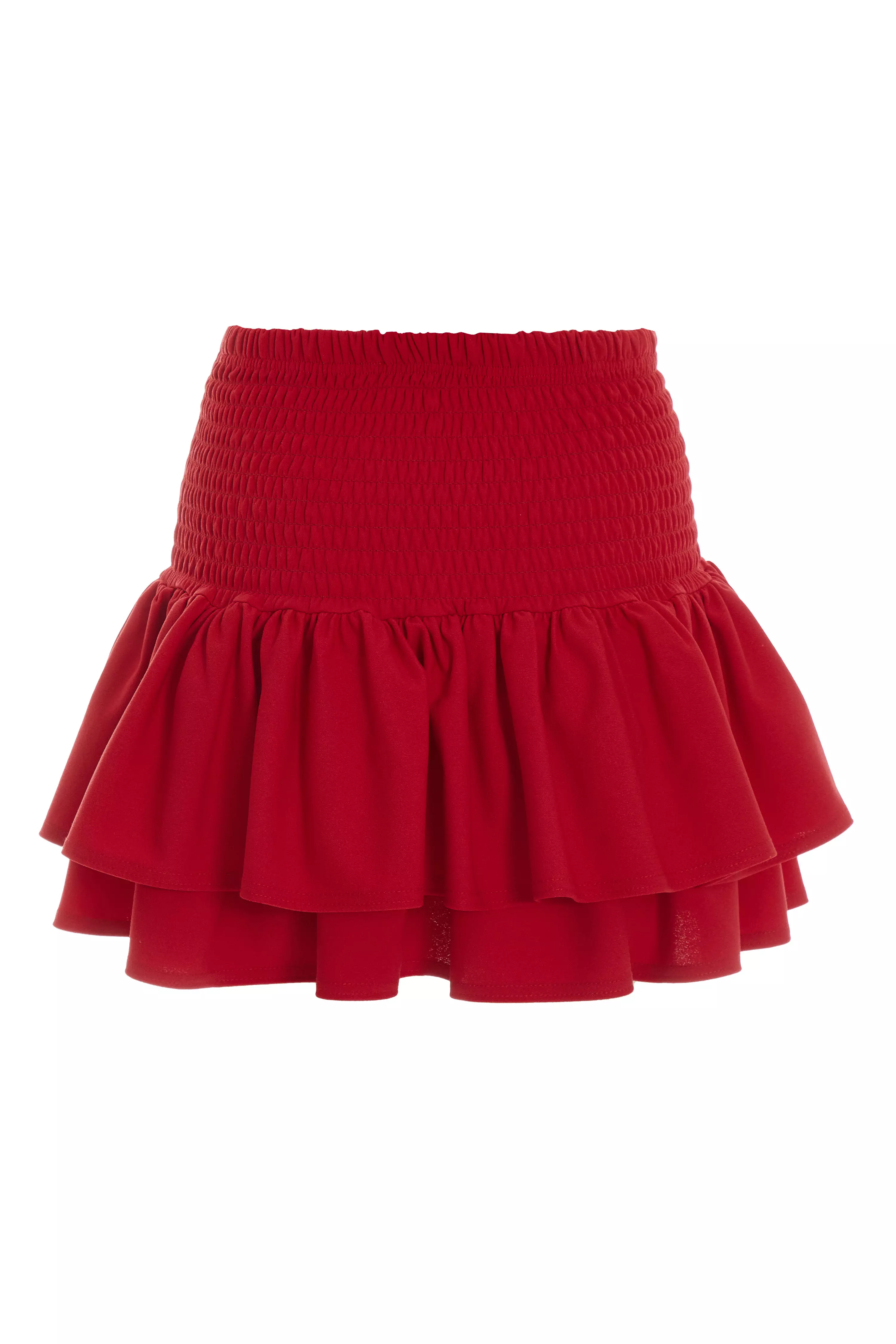 Red Ruched Frill Mini Skirt